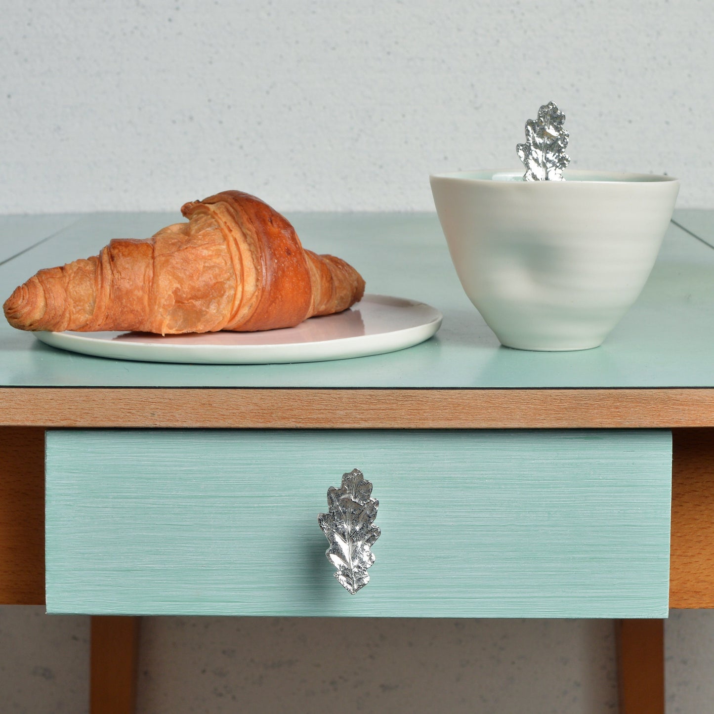 A solid pewter cabinet handle, cupboard knob, furniture handle or drawer pull in the shape of a detailed oak leaf. Organic, unusual handles UK handmade with finesse