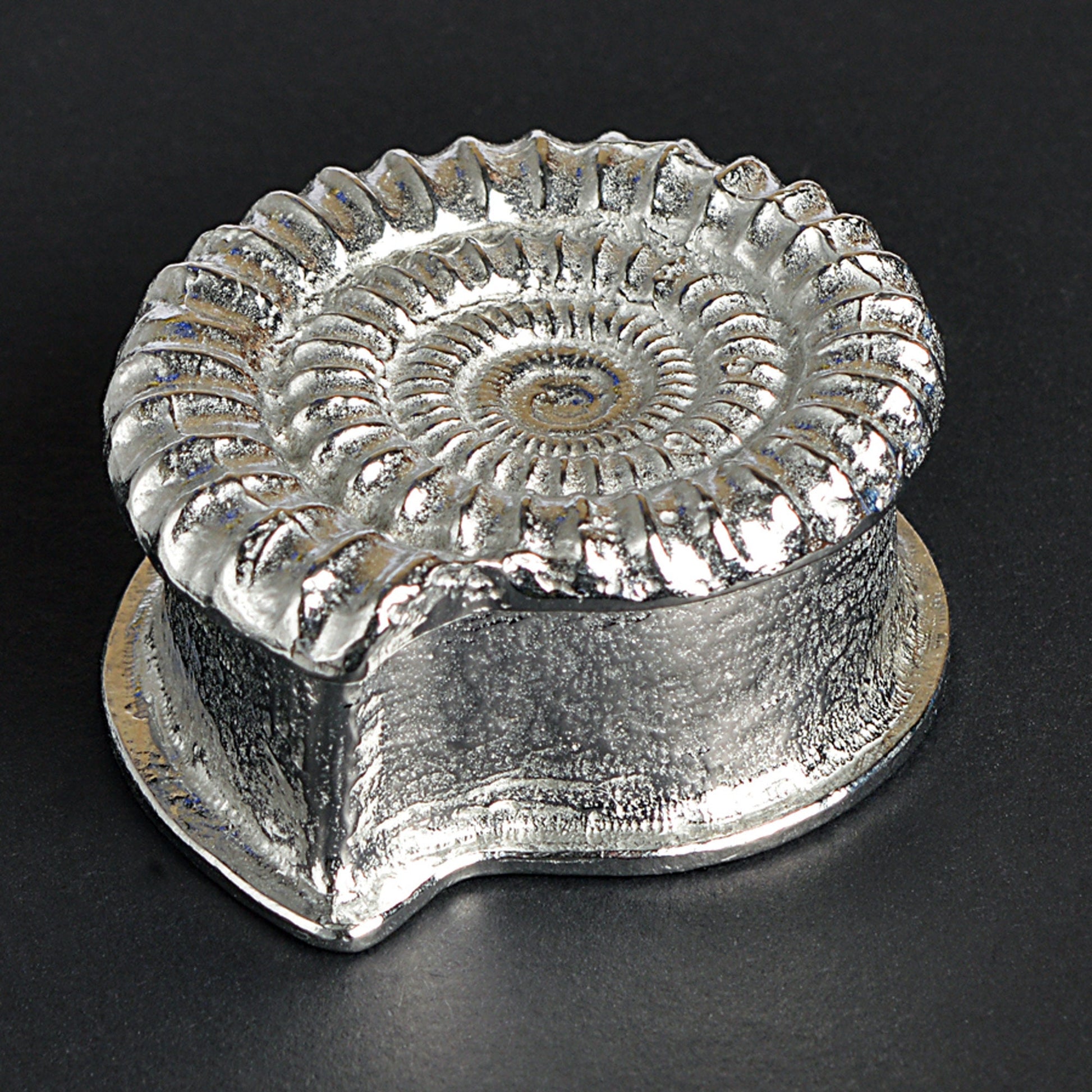 Ammonite pewter trinket box. A small fossil shaped keepsake box in the shape of an ammonite fossil. We used a real ammonite found in Dorset to capture the true texture and feel of a real fossil. Geology gifts made in Britain.