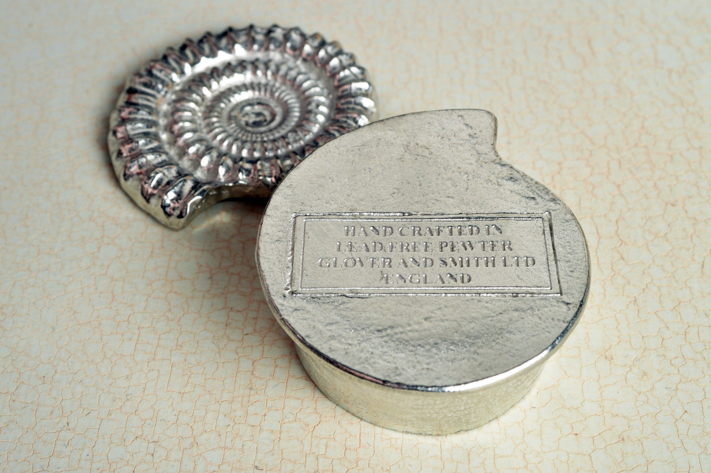 Ammonite pewter trinket box. A small fossil shaped keepsake box in the shape of an ammonite fossil. We used a real ammonite found in Dorset to capture the true texture and feel of a real fossil. Geology gifts made in Britain.