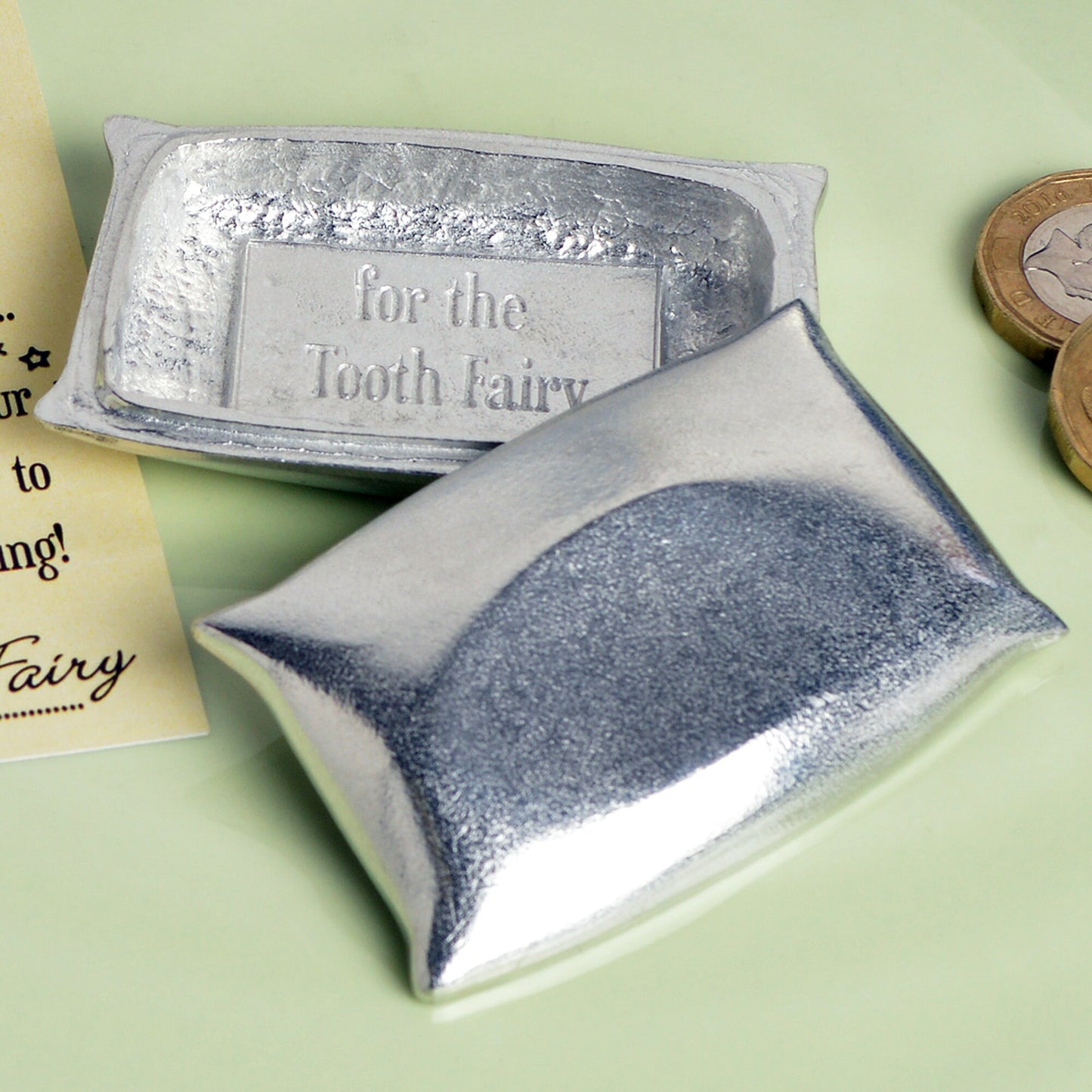 A tooth fairy box. A pewter pillow shaped box with the words 'From the tooth Fairy' written inside the lid. With gift certificate. UK handmade