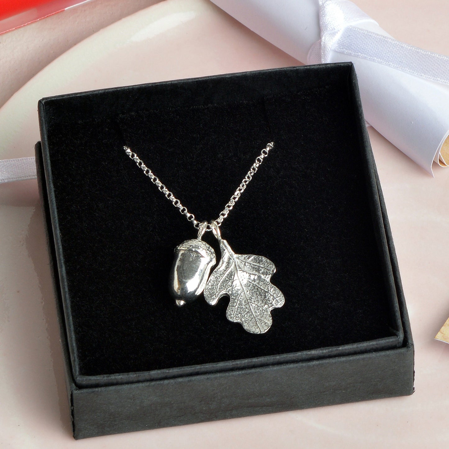 A pewter oak leaf and acorn necklace on a Sterling silver chain. Christening gifts for girls to wear later in life. 'Great oaks from little acorns grow' with gift certificate. UK handmade