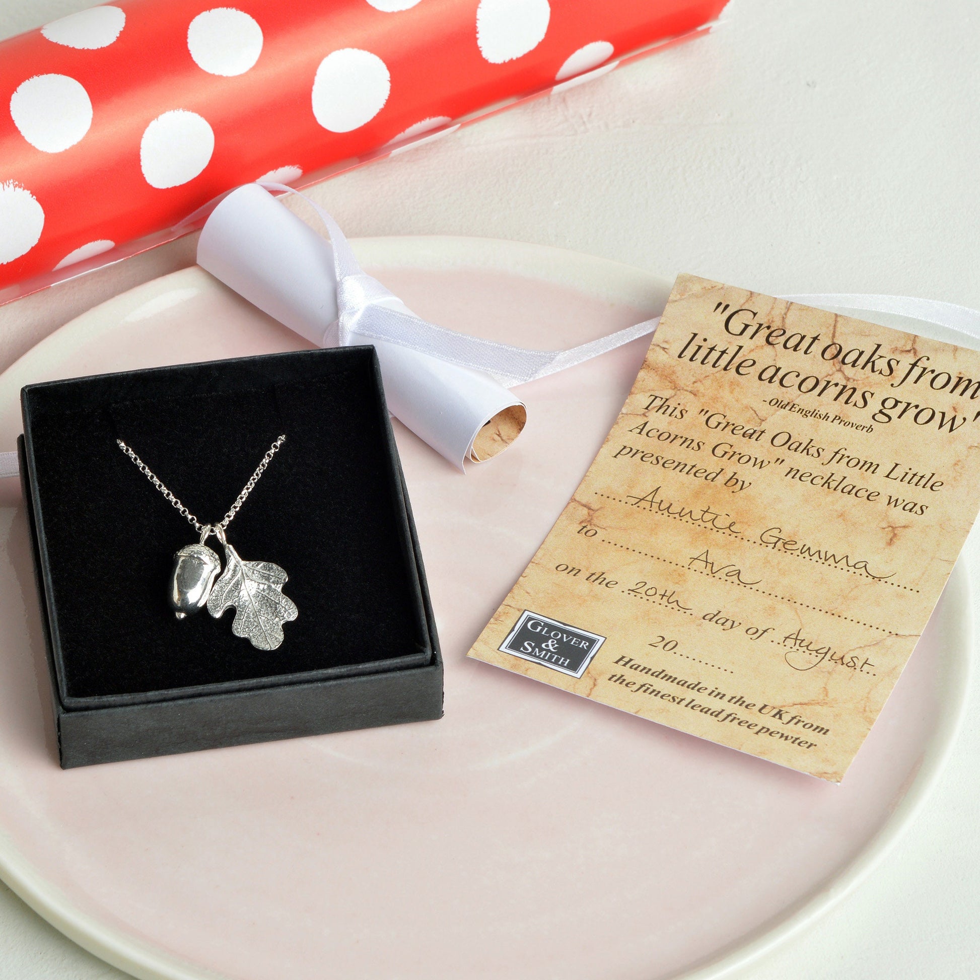 A pewter oak leaf and acorn necklace on a Sterling silver chain. Christening gifts for girls to wear later in life. 'Great oaks from little acorns grow' with gift certificate. UK handmade