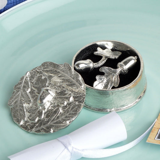 Pewter oak leaf and acorn cufflinks in a personalised, engraved pewter little acorns box. 'Great oaks from little acorns grow'. Christening gifts for boys for use in later life. With certificate from giver.