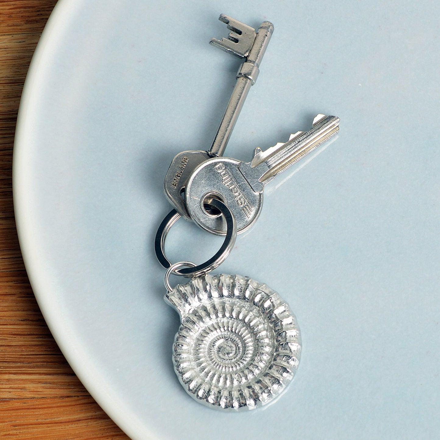 An elegant and beautiful solid pewter ammonite keyring on a quality stainless steel ring. Fossil gifts, geology gifts, ammonite gifts. Pewter keyring gifts, housewarming gifts.