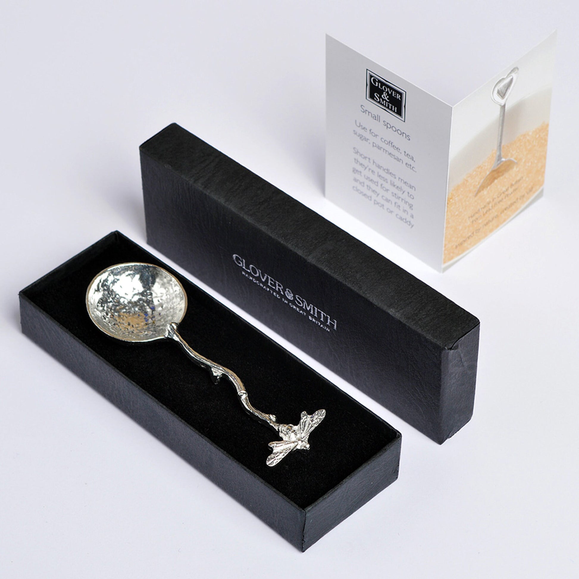 A small spoon pewter sugar spoon with a bee on the end of a twig handle. Unusual, useful and tactile gifts for bee lovers, bee gifts handmade in the UK