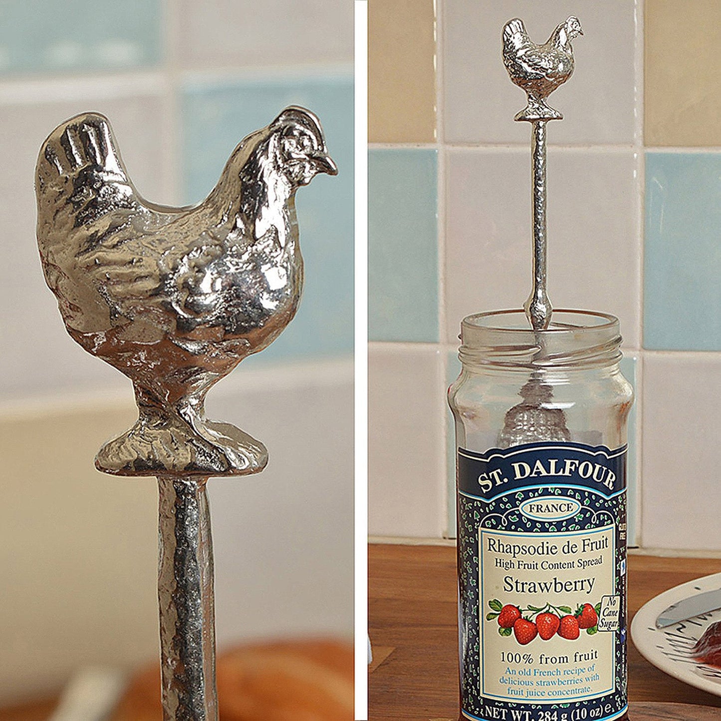 Chicken jam jar spoon. A long handled pewter spoon with a hook to hang from any jar with an chicken sculpture on the top. Useful, practical gifts to use every day. Chicken gifts, gifts for chicken lovers, hen gifts UK handmade