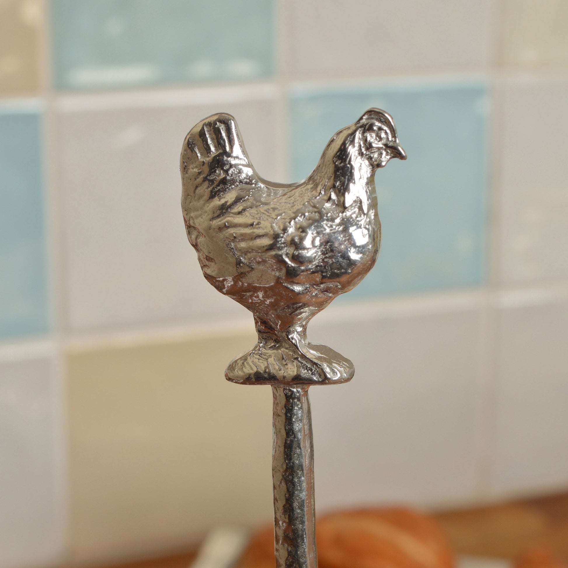 Chicken jam jar spoon. A long handled pewter spoon with a hook to hang from any jar with an chicken sculpture on the top. Useful, practical gifts to use every day. Chicken gifts, gifts for chicken lovers, hen gifts UK handmade