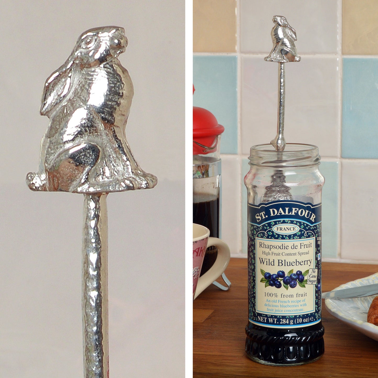 Hare jam jar spoon. A long handled pewter spoon with a hook to hang from any jar with a moongazing hare sculpture on the top. Useful, practical gifts to use every day. Hare gifts, gifts for hare lovers, UK handmade