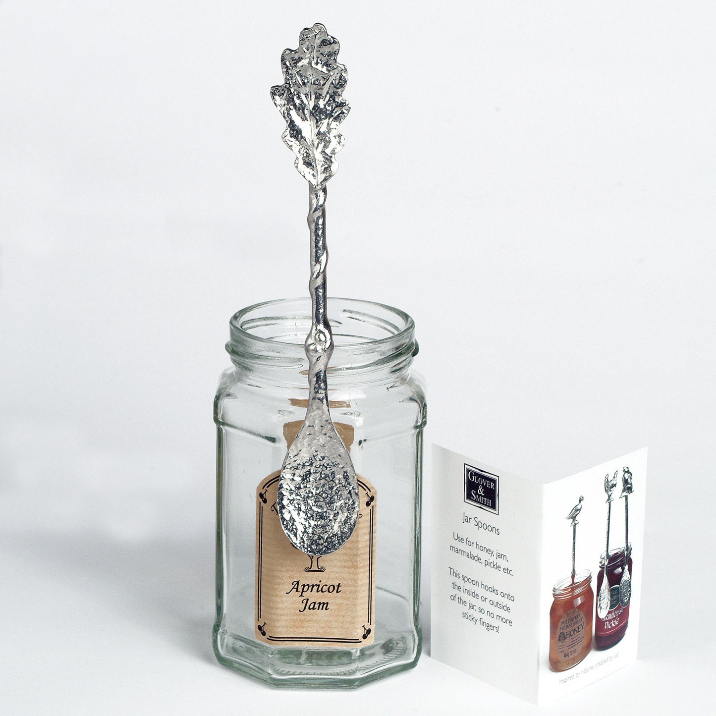 Oak leaf jam jar spoon. A long handled pewter spoon with a hook to hang from any jar with an oak leaf on the top. Useful, practical gifts to use every day. Oak gifts, gifts for nature lovers, UK handmade