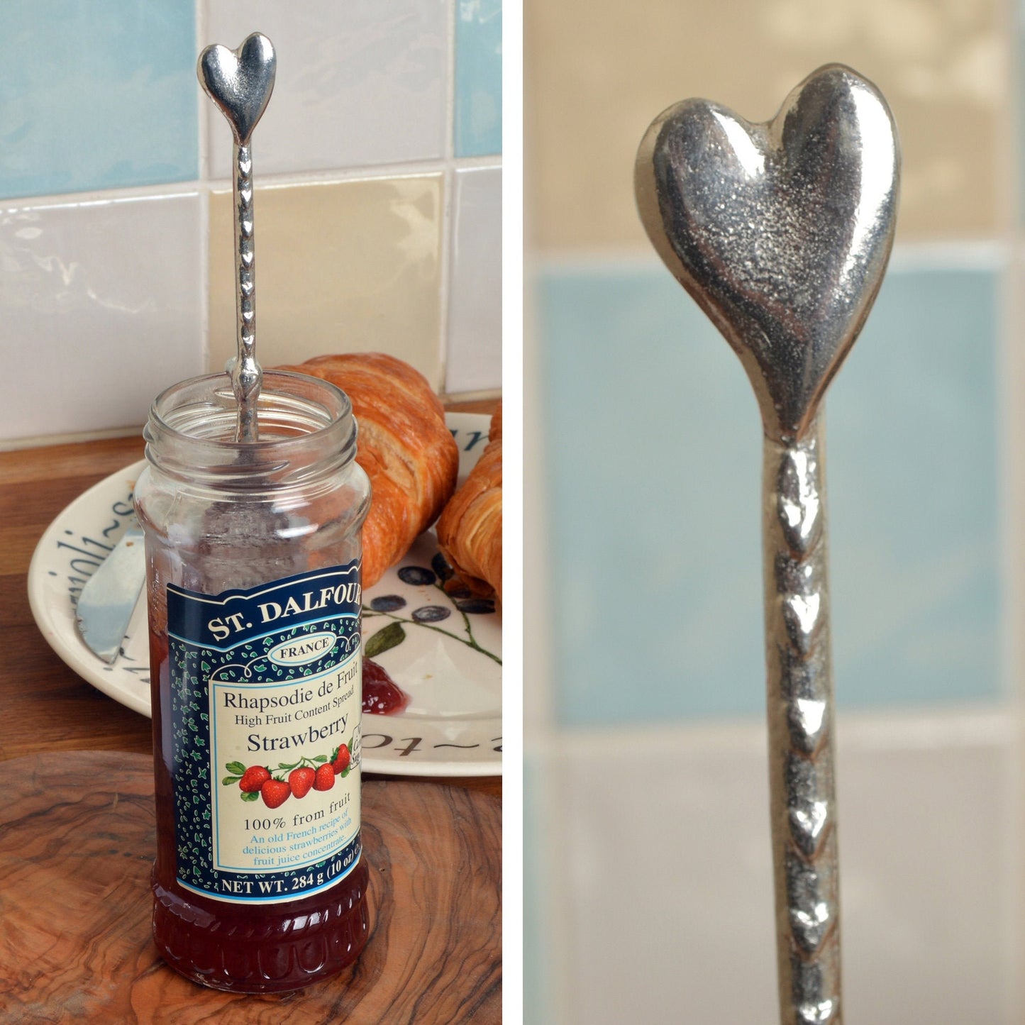 Heart pewter love spoon, a long spoon with a hook for jam jars. An ideal small wedding gift & the perfect 10th (Tin) ten year wedding anniversary gift (Our pewter is 95% tin). Love spoons, love heart spoons handmade in the UK.