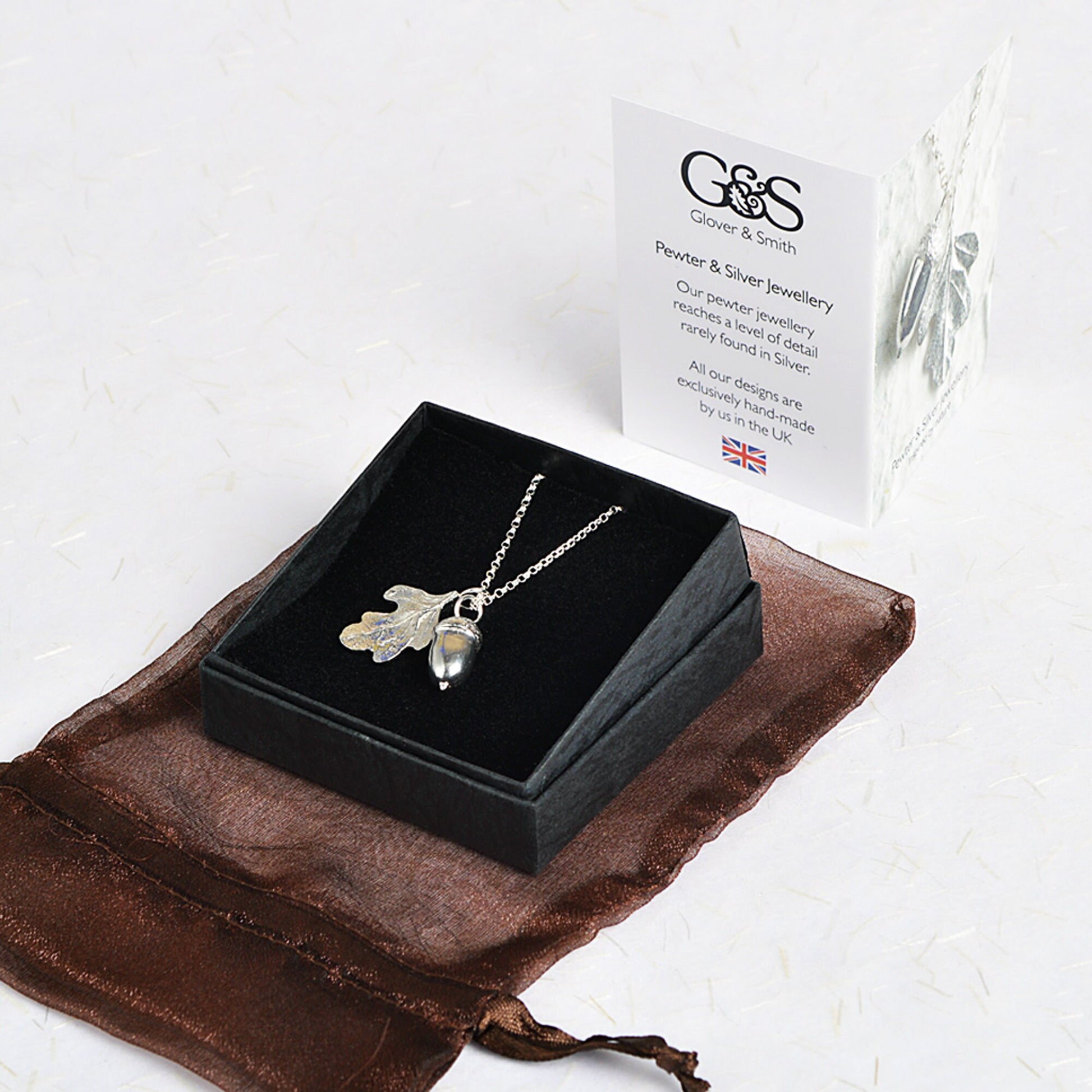 A delicate and detailed pewter oak leaf and acorn necklace on an 18" Sterling silver chain. Great jewellery gifts for her. The perfect 10th tin 10 year wedding anniversary gift (Our pewter is 95% tin). Made in Britain with love.