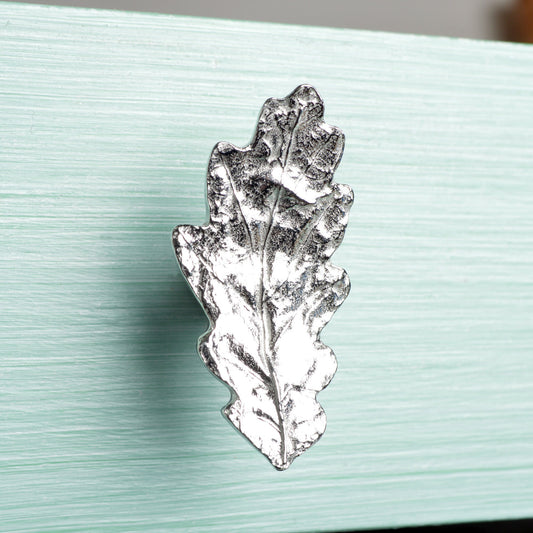 A solid pewter cabinet handle, cupboard knob, furniture handle or drawer pull in the shape of a detailed oak leaf. Organic, unusual handles UK handmade with finesse