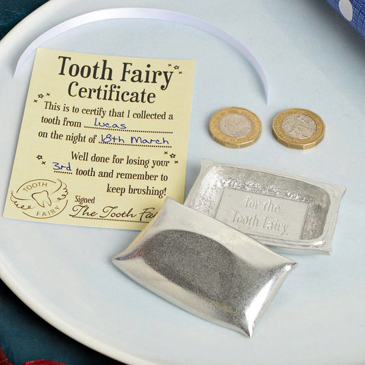 A tooth fairy box. A pewter pillow shaped box with the words 'From the tooth Fairy' written inside the lid. With gift certificate. UK handmade