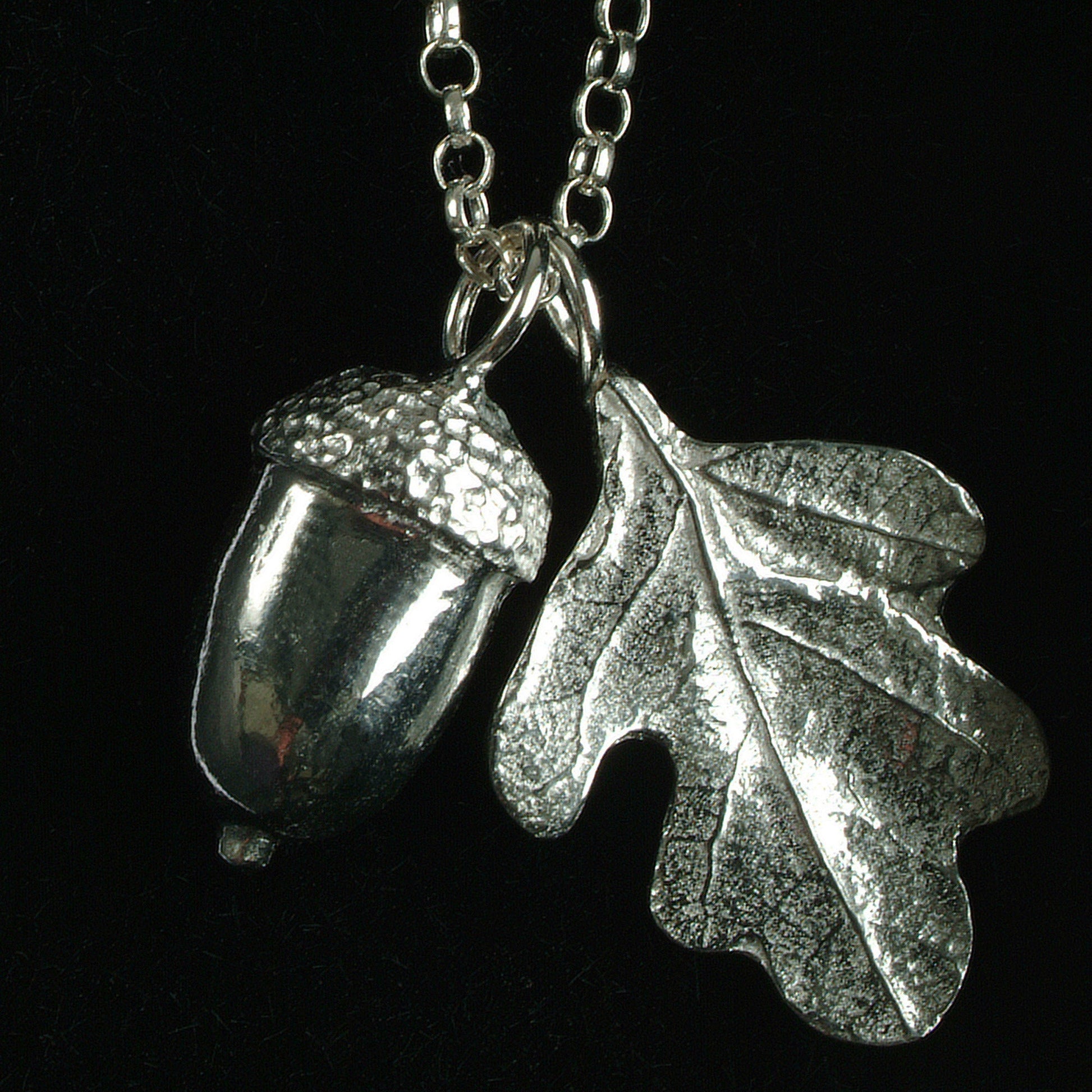 A pewter oak leaf and acorn necklace on a Sterling silver chain. Christening gifts for girls to wear later in life. 'Great oaks from little acorns grow' with gift certificate. UK handmade