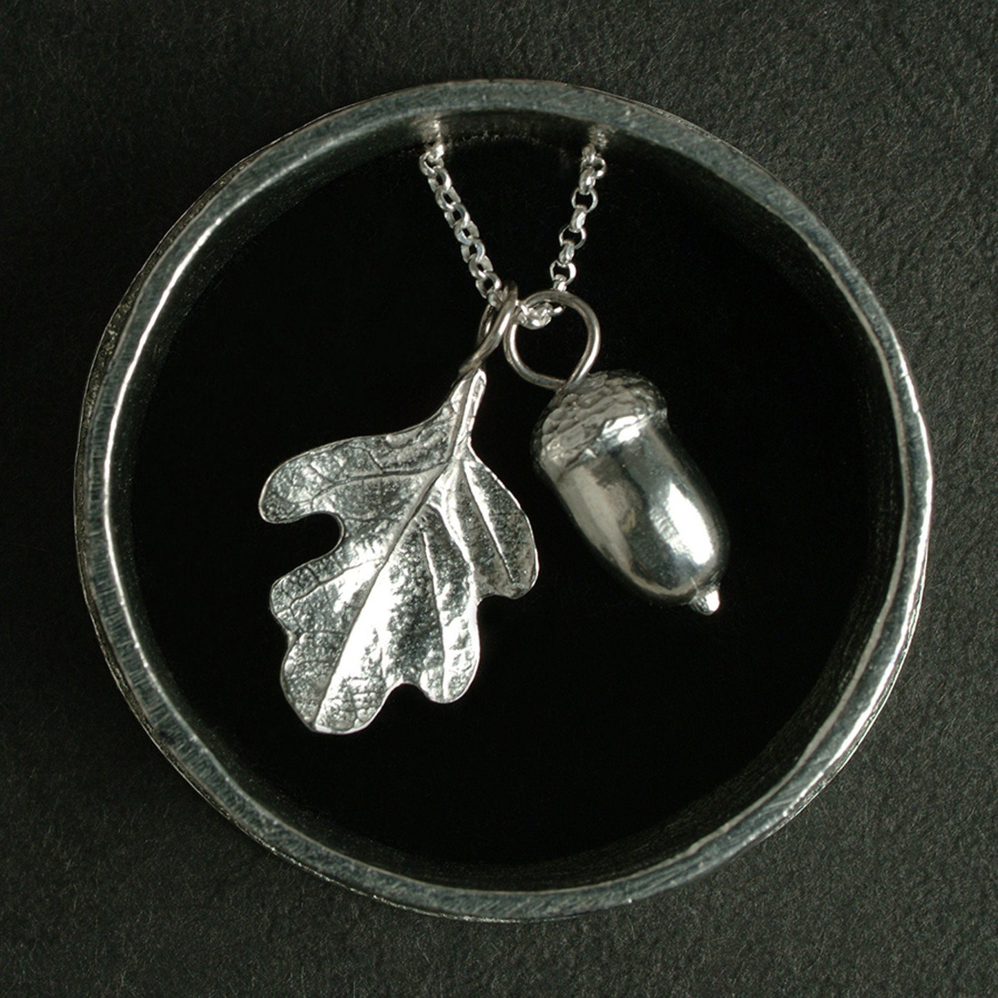 A pewter oak leaf and acorn necklace on a Sterling silver chain. Christening gifts for girls to wear later in life. 'Great oaks from little acorns grow', presented in an engraved oak leaf and acorn box with gift certificate. UK handmade.