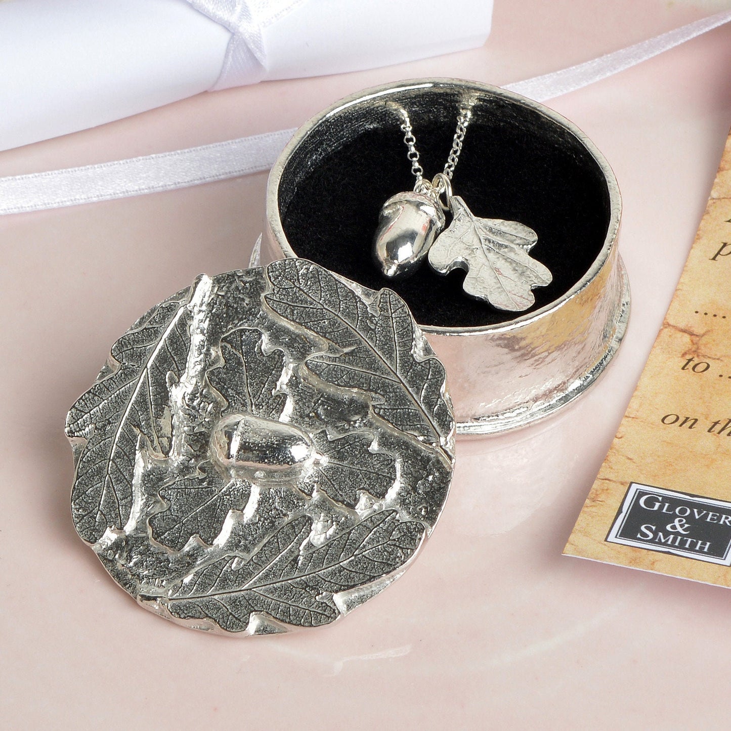 A pewter oak leaf and acorn necklace on a Sterling silver chain. Christening gifts for girls to wear later in life. 'Great oaks from little acorns grow', presented in an engraved oak leaf and acorn box with gift certificate. UK handmade.