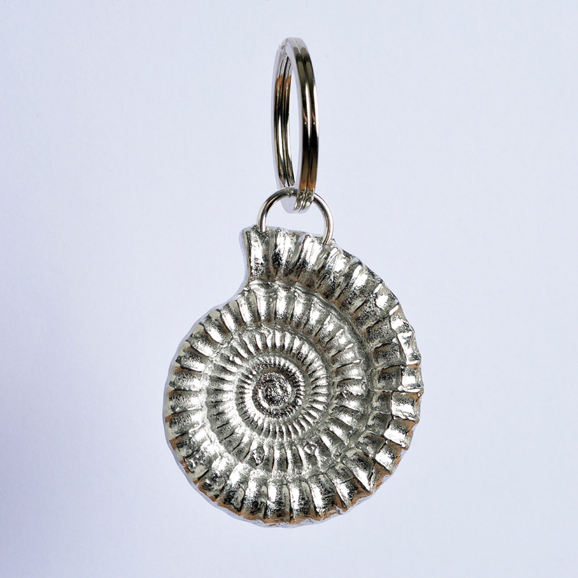 An elegant and beautiful solid pewter ammonite keyring on a quality stainless steel ring. Fossil gifts, geology gifts, ammonite gifts. Pewter keyring gifts, housewarming gifts.