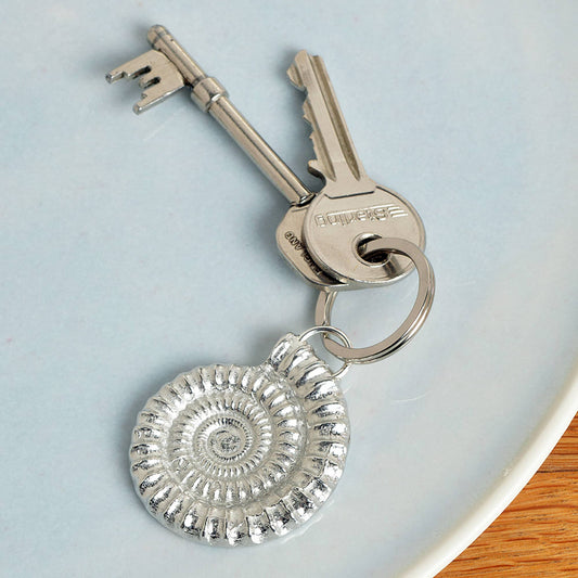 An elegant and beautiful solid pewter ammonite keyring on a quality stainless steel ring. Fossil gifts, geology gifts, ammonite gifts. Pewter keyring gifts, housewarming gifts.