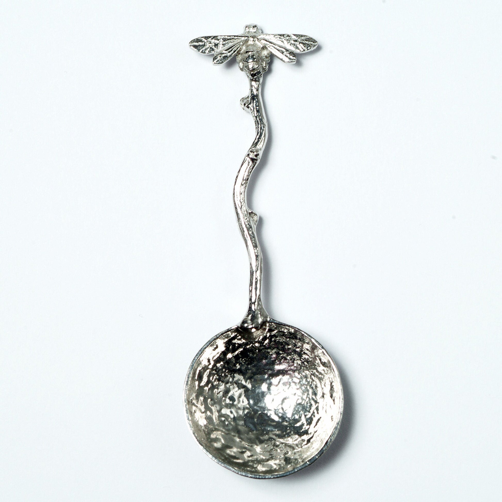 A small spoon pewter sugar spoon with a bee on the end of a twig handle. Unusual, useful and tactile gifts for bee lovers, bee gifts handmade in the UK