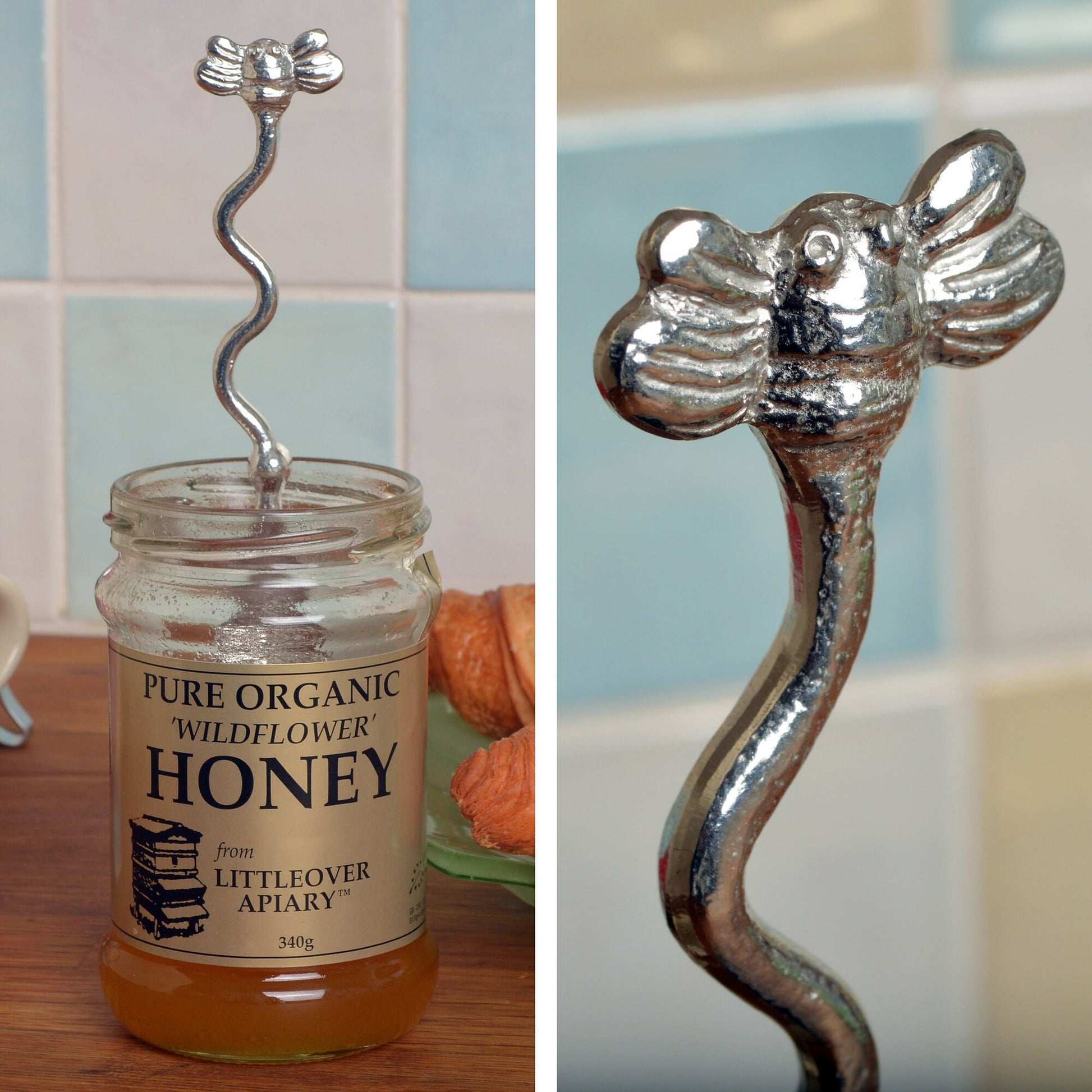 A long handled pewter honey spoon with a bee on the end and a hook to hang from any jar. Ideal gifts for bee Lovers and honey lovers. No more sticky fingers with our long handled spoons. UK made bee gifts. Ideal jam spoons or honey spoons.