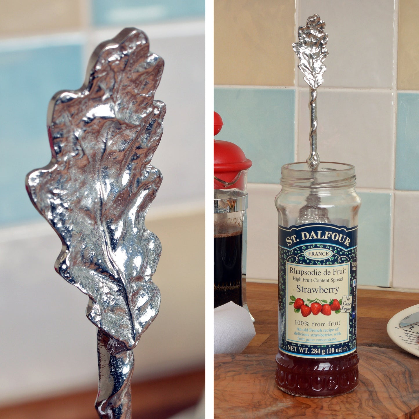 Oak leaf jam jar spoon. A long handled pewter spoon with a hook to hang from any jar with an oak leaf on the top. Useful, practical gifts to use every day. Oak gifts, gifts for nature lovers, UK handmade