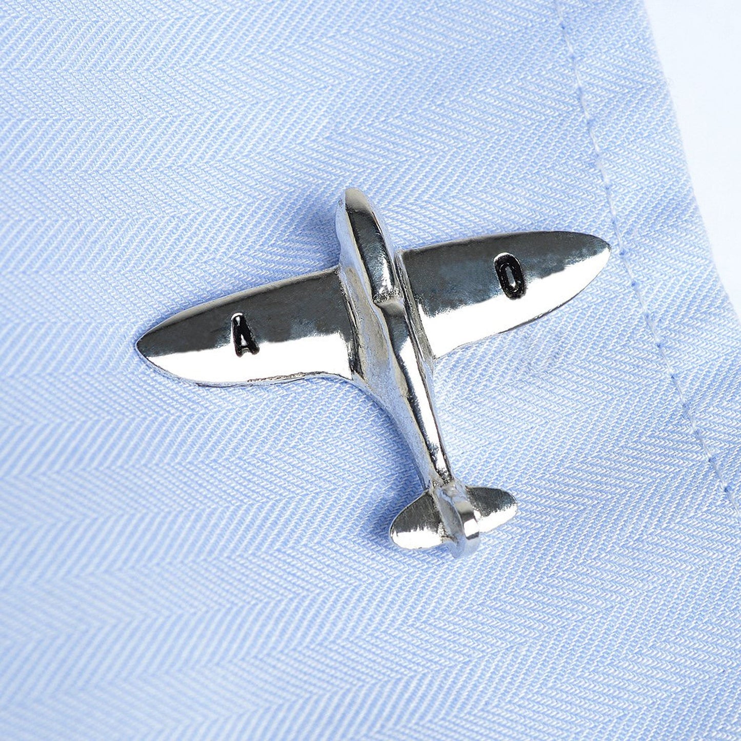 Personalised customised Spitfire aeroplane cufflinks, personalised Spitfire gifts for him. Gift ideas for pilots. We hand stamp initials on each wing. The perfect 10th ten year wedding anniversary gift, tin anniversary gifts (Our pewter is 95% tin) and a great gift for Father's day.