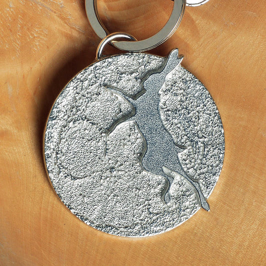 Boxing hare keyring dancing hare keyring, A hare silhouette dances in front of a beautifully textured moon. Solid pewter hare keyring on a quality stainless steel ring. Hare gifts, gifts for hare lovers, Pewter keyring gifts. Housewarming gifts.