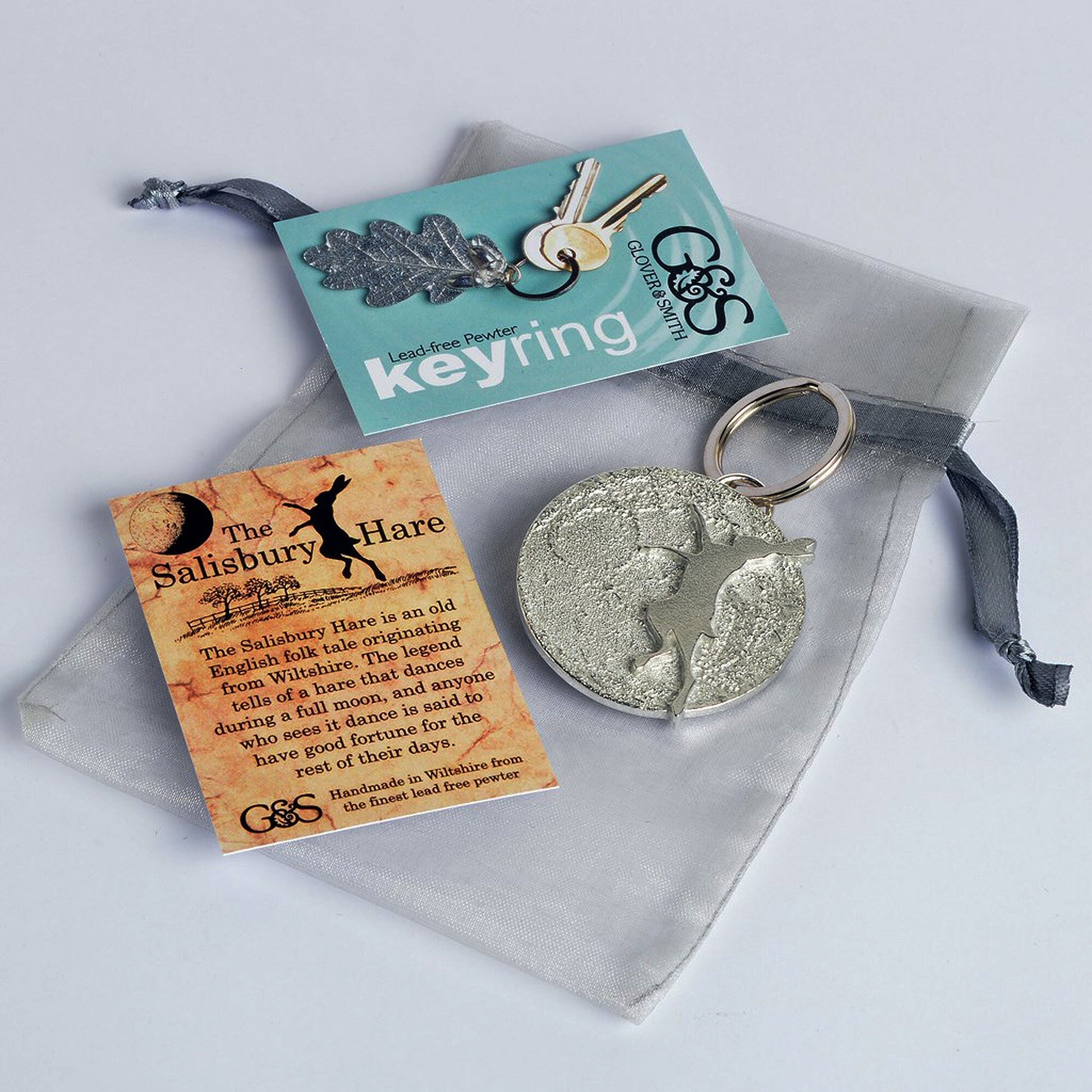 Boxing hare keyring dancing hare keyring, A hare silhouette dances in front of a beautifully textured moon. Solid pewter hare keyring on a quality stainless steel ring. Hare gifts, gifts for hare lovers, Pewter keyring gifts. Housewarming gifts.