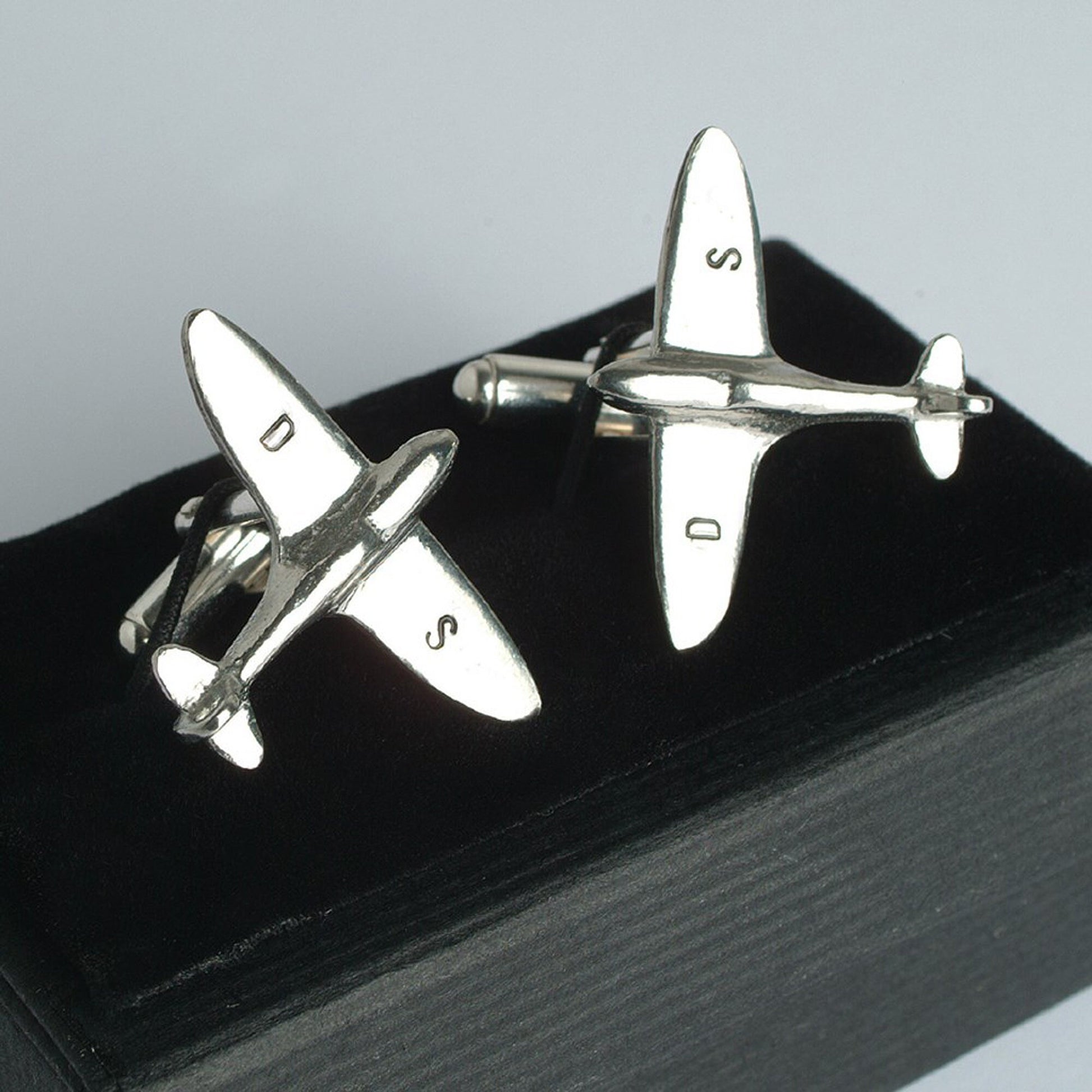 Personalised customised Spitfire aeroplane cufflinks, personalised Spitfire gifts for him. Gift ideas for pilots. We hand stamp initials on each wing. The perfect 10th ten year wedding anniversary gift, tin anniversary gifts (Our pewter is 95% tin) and a great gift for Father's day.