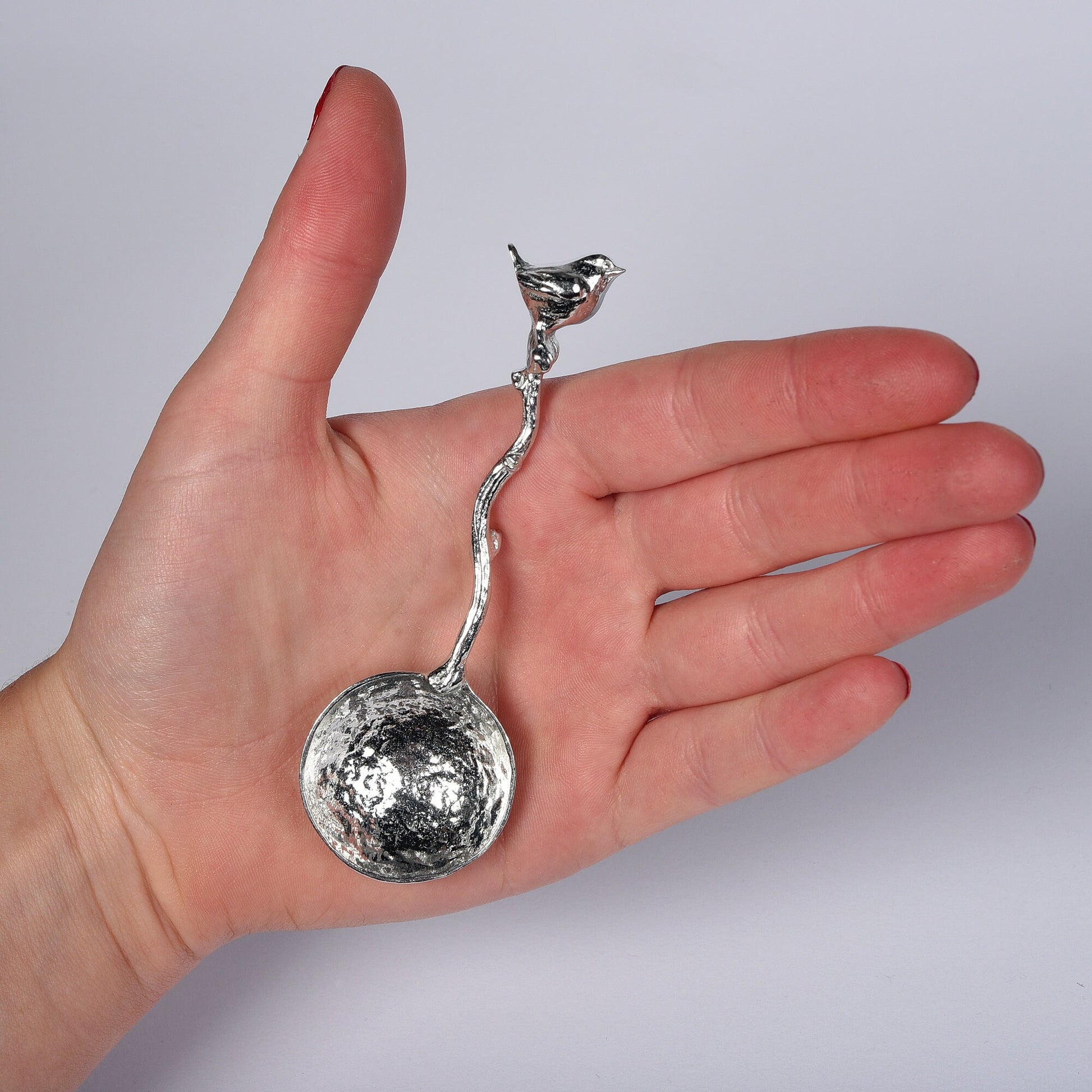 A small spoon pewter sugar spoon with a wren bird on the end of a twig handle. Unusual, useful and tactile gifts for bird lovers, Jenny wren gifts handmade in the UK