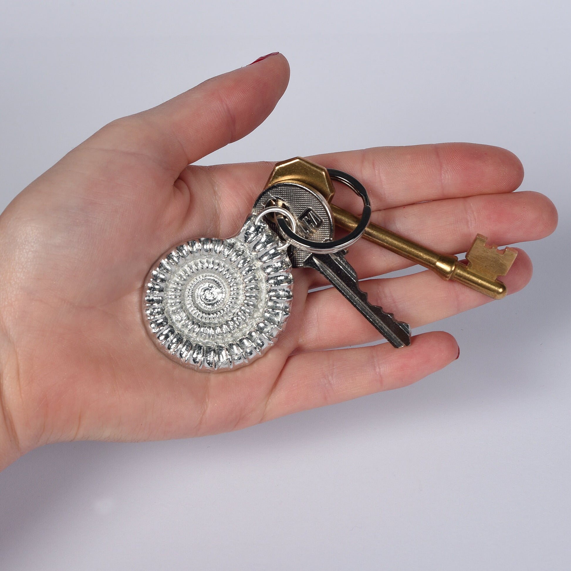 An elegant and beautiful solid pewter ammonite keyring on a quality stainless steel ring. Fossil gifts, geology gifts, ammonite gifts. Pewter keyring gifts, housewarming gifts.