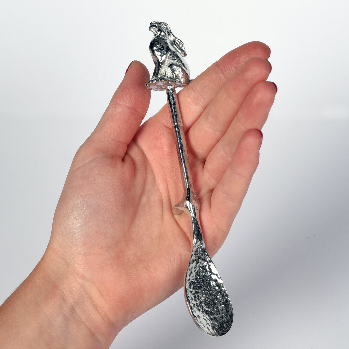 Hare jam jar spoon. A long handled pewter spoon with a hook to hang from any jar with a moongazing hare sculpture on the top. Useful, practical gifts to use every day. Hare gifts, gifts for hare lovers, UK handmade