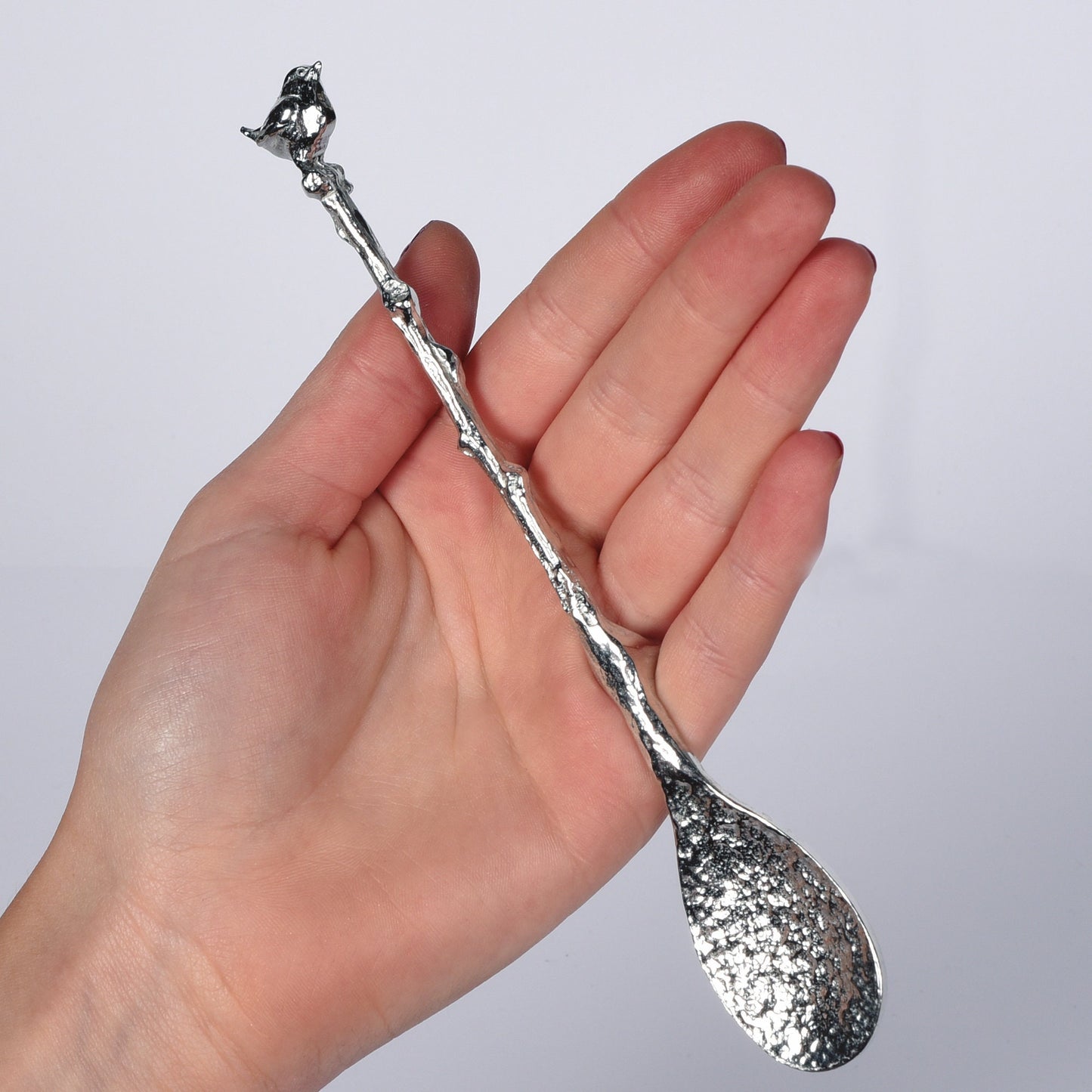 Wren jam jar spoon. A long handled pewter spoon with a hook to hang from any jar with a Jenny wren on the top. Useful, practical gifts to use every day. Bird gifts, gifts for bird lovers, UK handmade