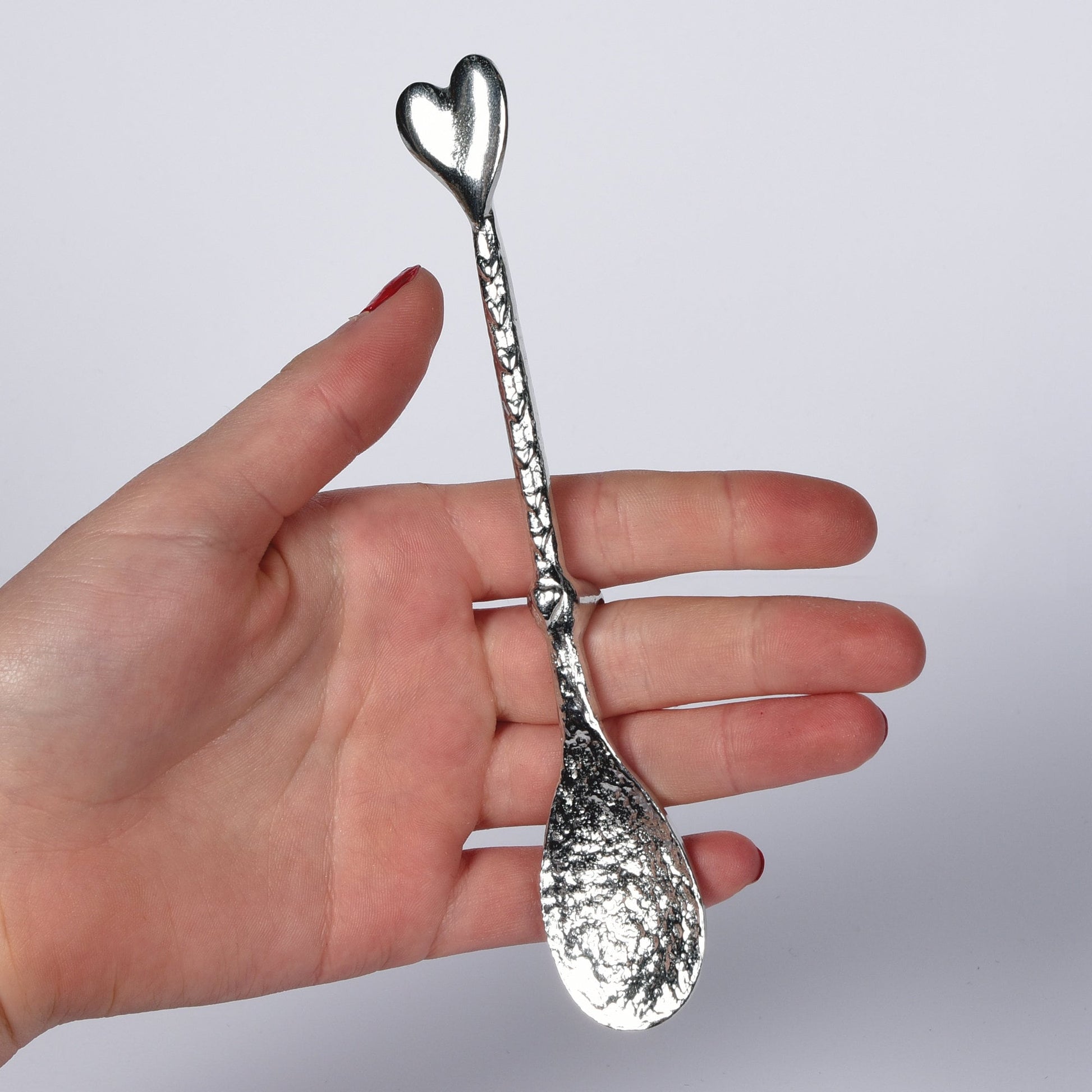 Heart pewter love spoon, a long spoon with a hook for jam jars. An ideal small wedding gift & the perfect 10th (Tin) ten year wedding anniversary gift (Our pewter is 95% tin). Love spoons, love heart spoons handmade in the UK.