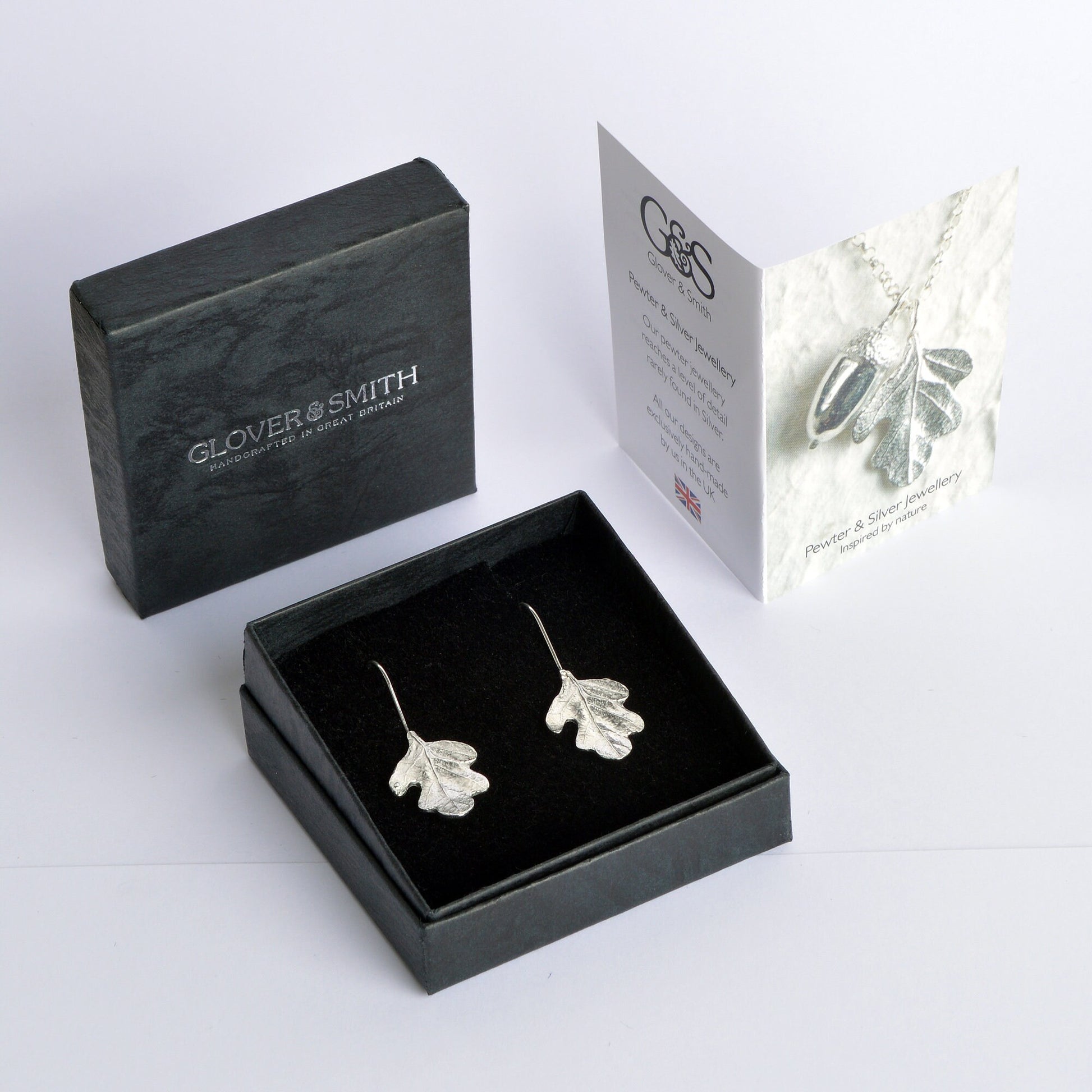 Oak leaf drop earrings, pewter oak leaves on Sterling silver ear hooks. Pewter and silver leaf jewellery gifts, handmade in the UK by Glover and Smith