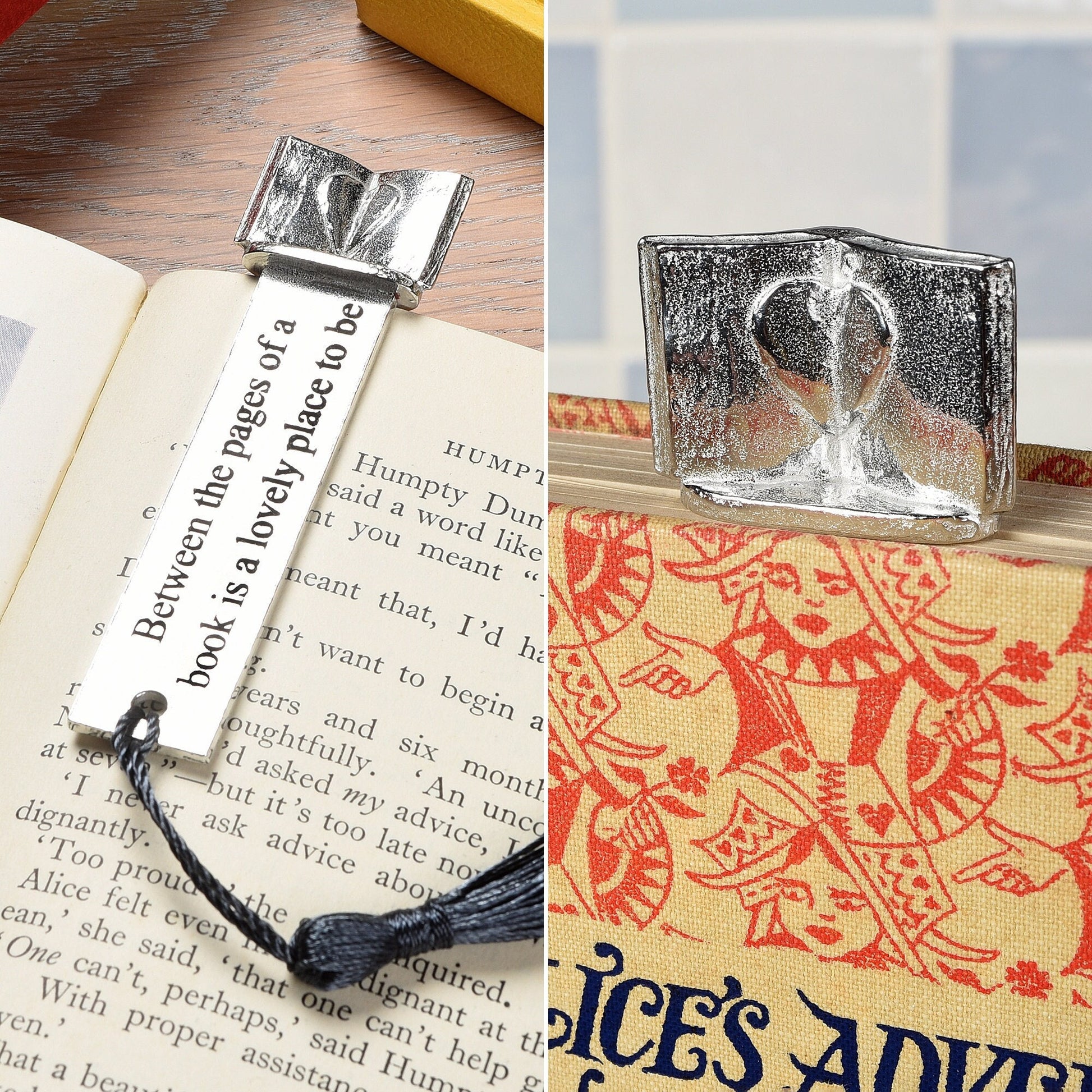 A  pewter metal  bookmark with a heart on an open book on the top. On the front the quotation 'Between the pages of a book is a lovely place to be'. Gifts for book lovers, book gifts, bookmarks for books