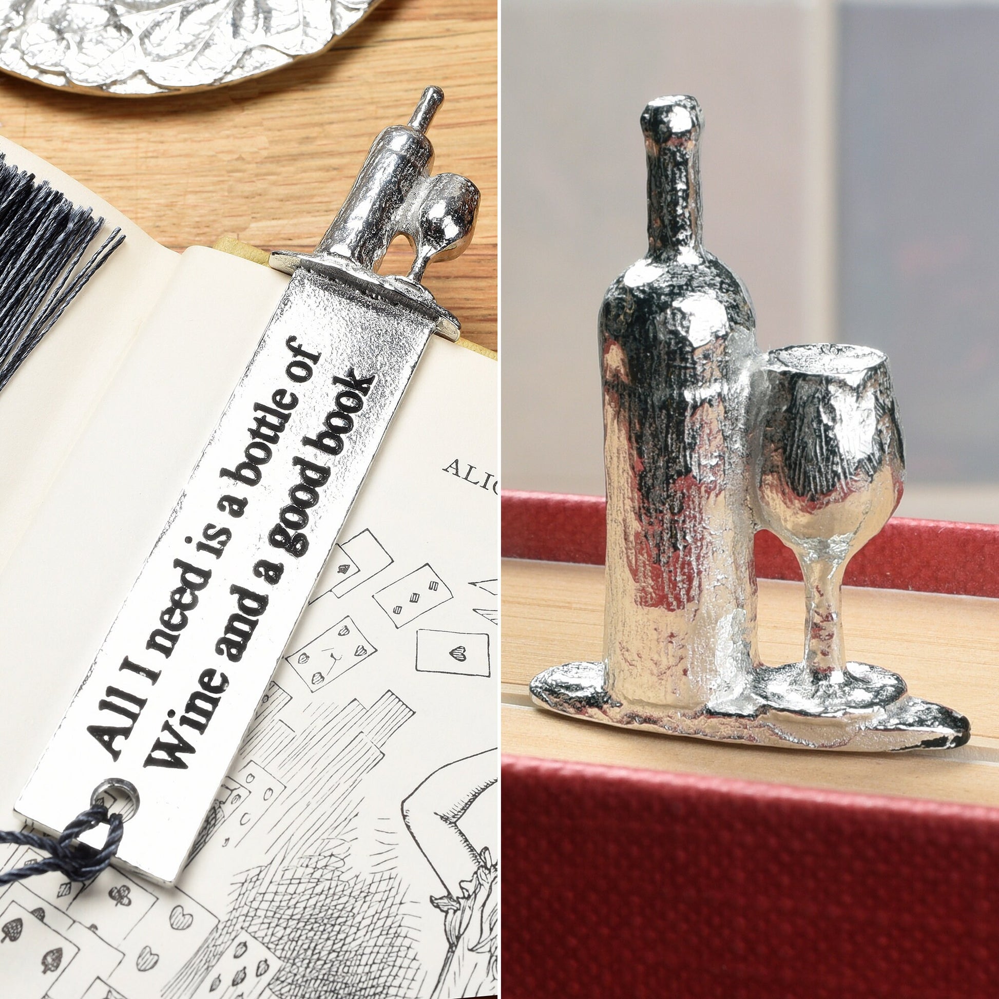 A personalised engraved pewter metal  bookmark with a wine bottle and glass on the top. On the front the quotation 'All I need is a bottle of wine and a good book'. We engrave the back with your message. Gifts for wine lovers, book lovers gifts.