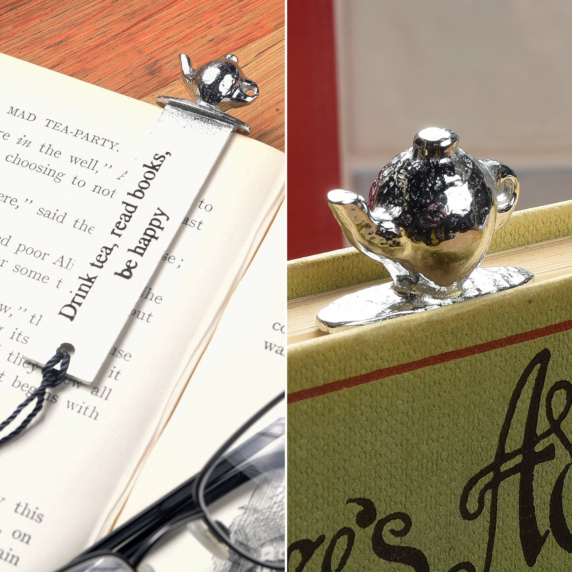 A personalised engraved pewter metal  bookmark with a teapot on the top. On the front the quotation 'Drink tea, read books be happy'. We engrave the back with your message. Gifts for tea lovers, book lovers gifts.