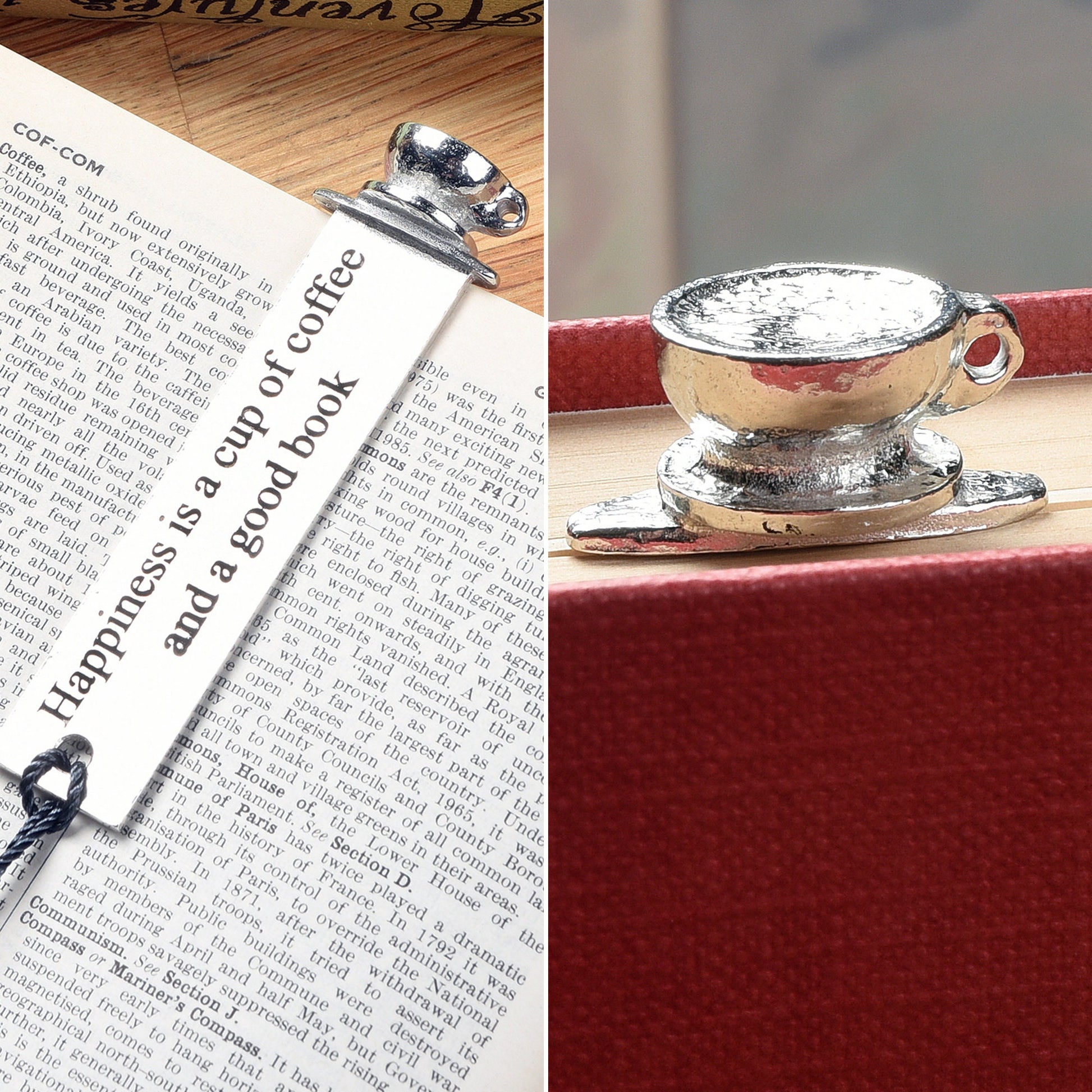 A personalised engraved pewter metal  bookmark with a coffee cup on the top. On the front the quotation 'Happiness is a cup of coffee and a good book'. We engrave the back with your message. Gifts for coffee lovers, book lovers gifts.