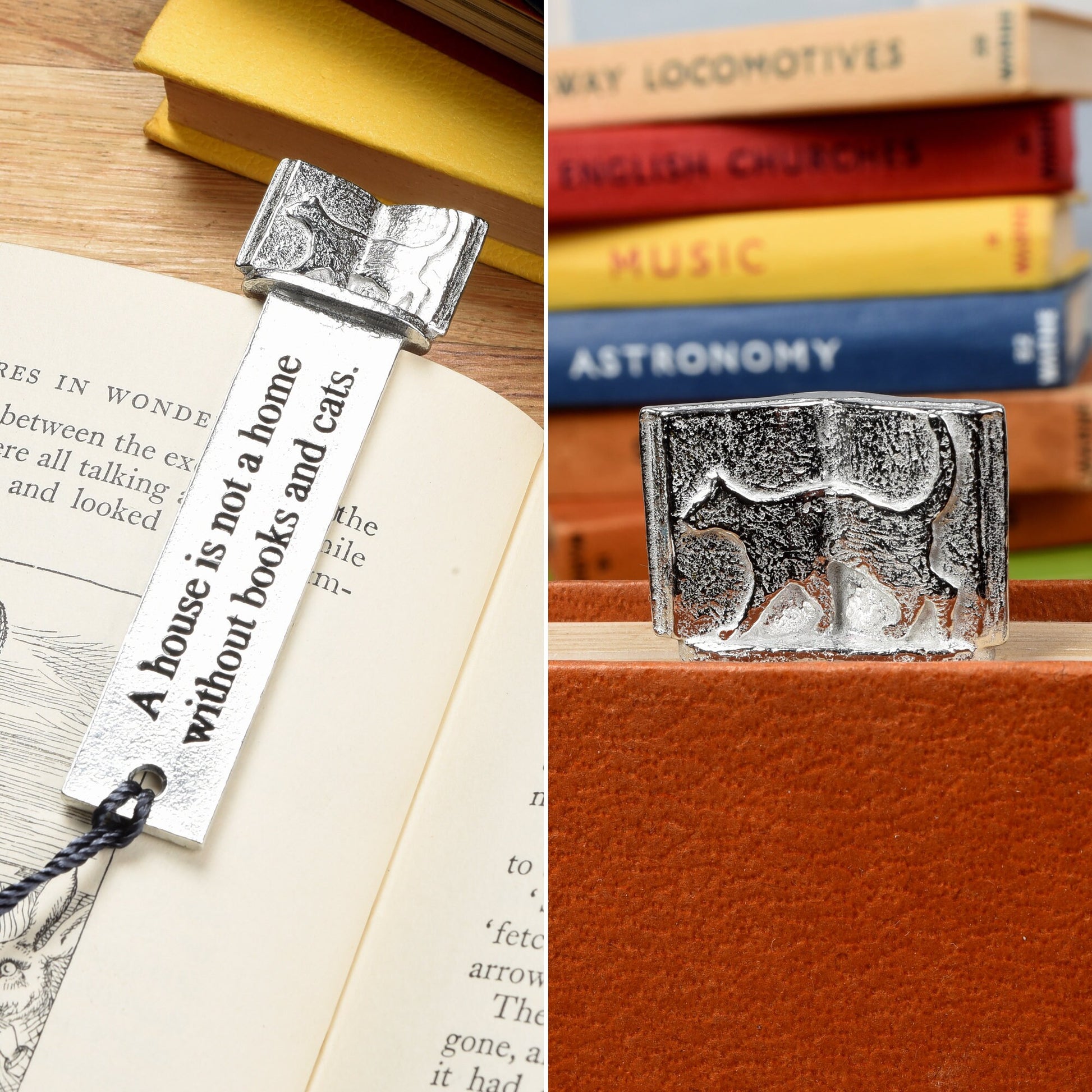 A pewter metal  bookmark with a cat silhouette wandering across an open book on the top. On the front the quotation 'A house is not a home without books and cats'. Gifts for cat lovers, book lovers gifts, cat gifts.