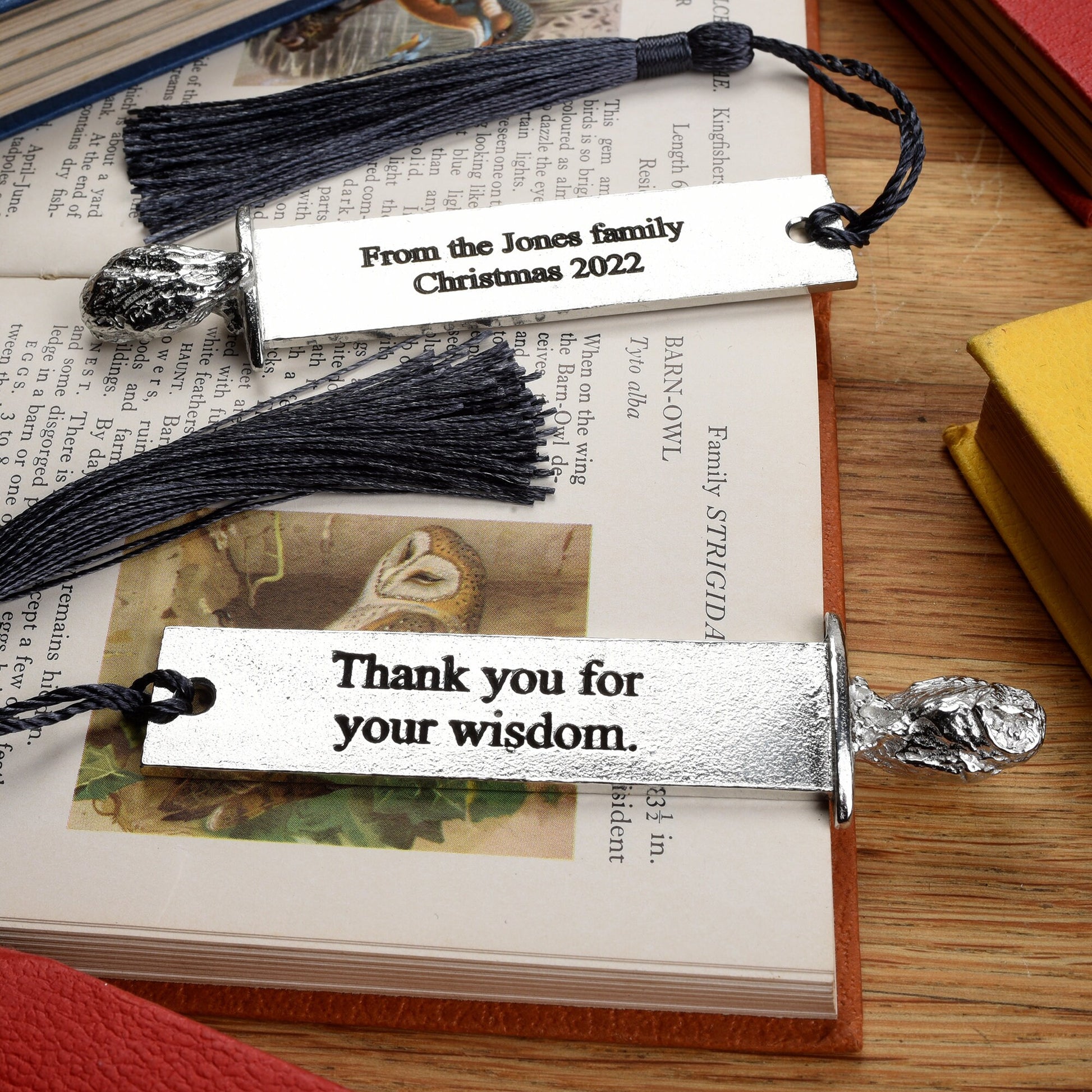 A personalised engraved pewter metal  bookmark with a owl sculpture on the top. On the front the quotation 'Thank you for your wisdom'. We engrave the back with your message. Personalised teacher gifts. Thank You Gifts For Teachers