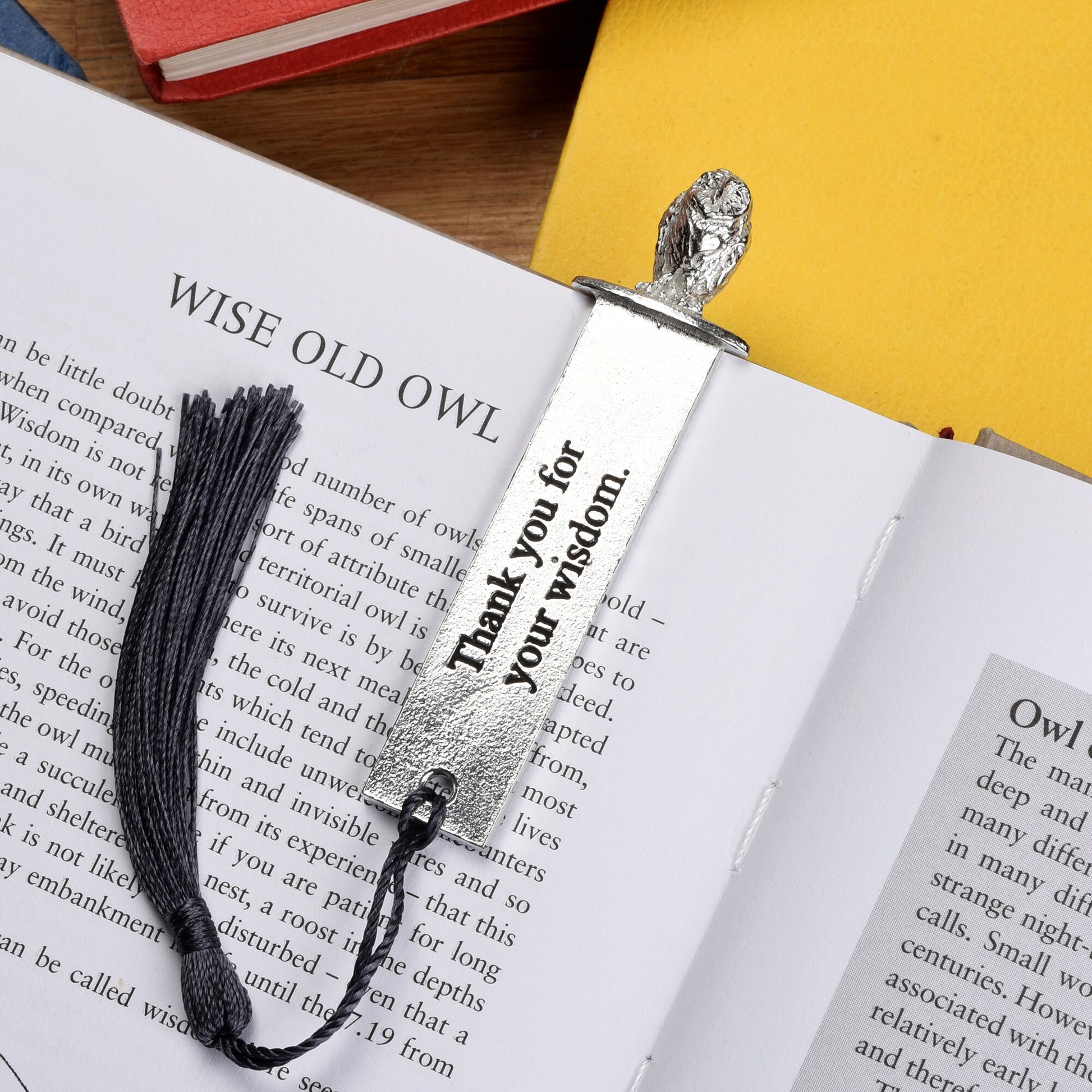 A personalised engraved pewter metal  bookmark with a owl sculpture on the top. On the front the quotation 'Thank you for your wisdom'. We engrave the back with your message. Personalised teacher gifts. Thank You Gifts For Teachers