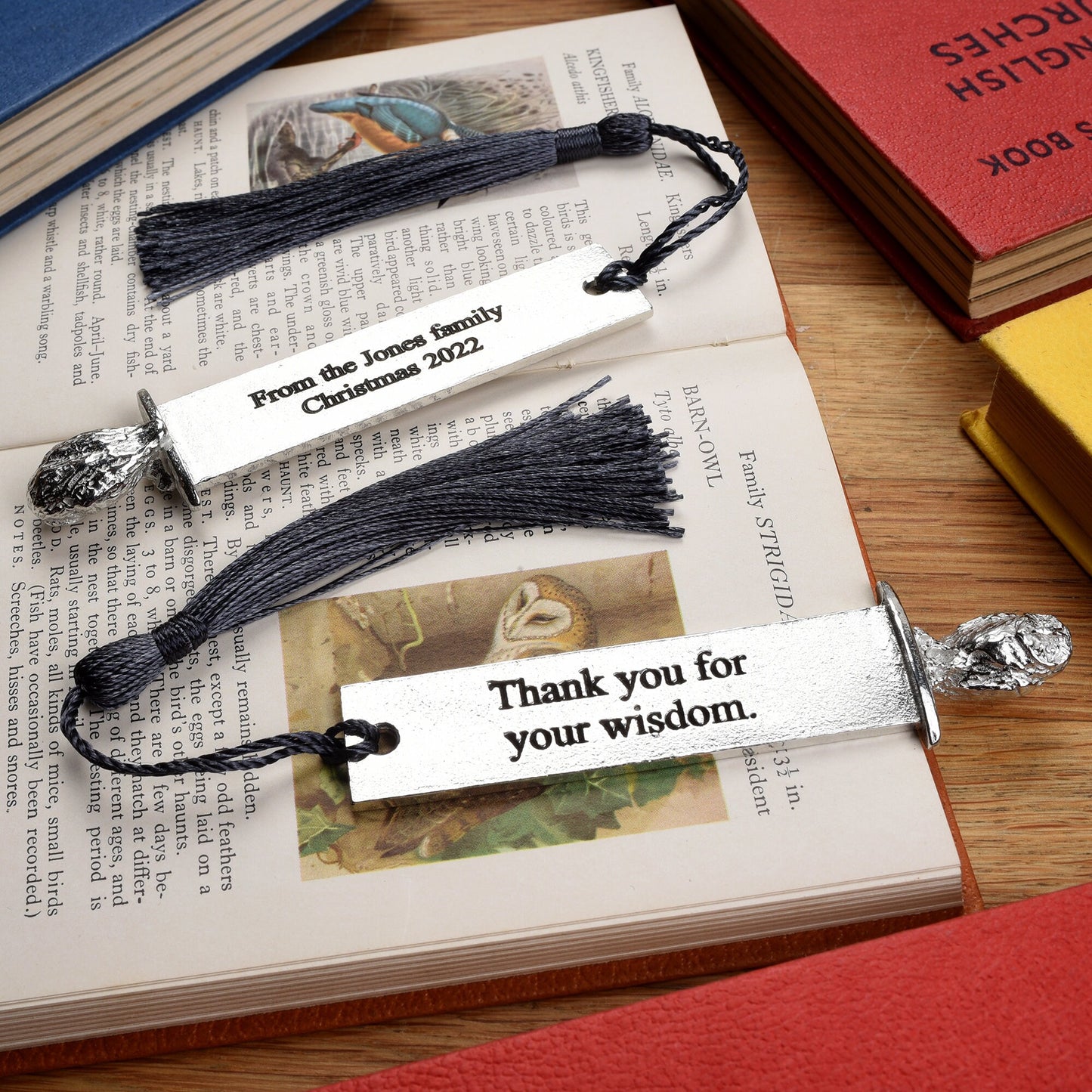 A personalised engraved pewter metal  bookmark with a owl sculpture on the top. On the front the quotation 'Thank you for your wisdom'. We engrave the back with your message. Personalised teacher gifts. Thank You Gifts For Teachers