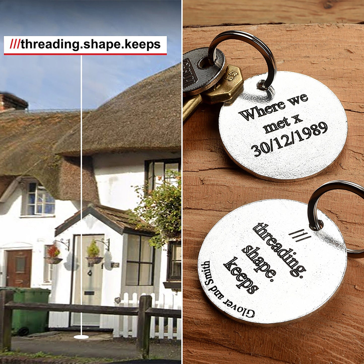 This engraved round pewter key ring can be personalised with a What 3 Words address on the front and your own message on the back. what3words gifts handmade in the UK. On a quality stainless steel ring.