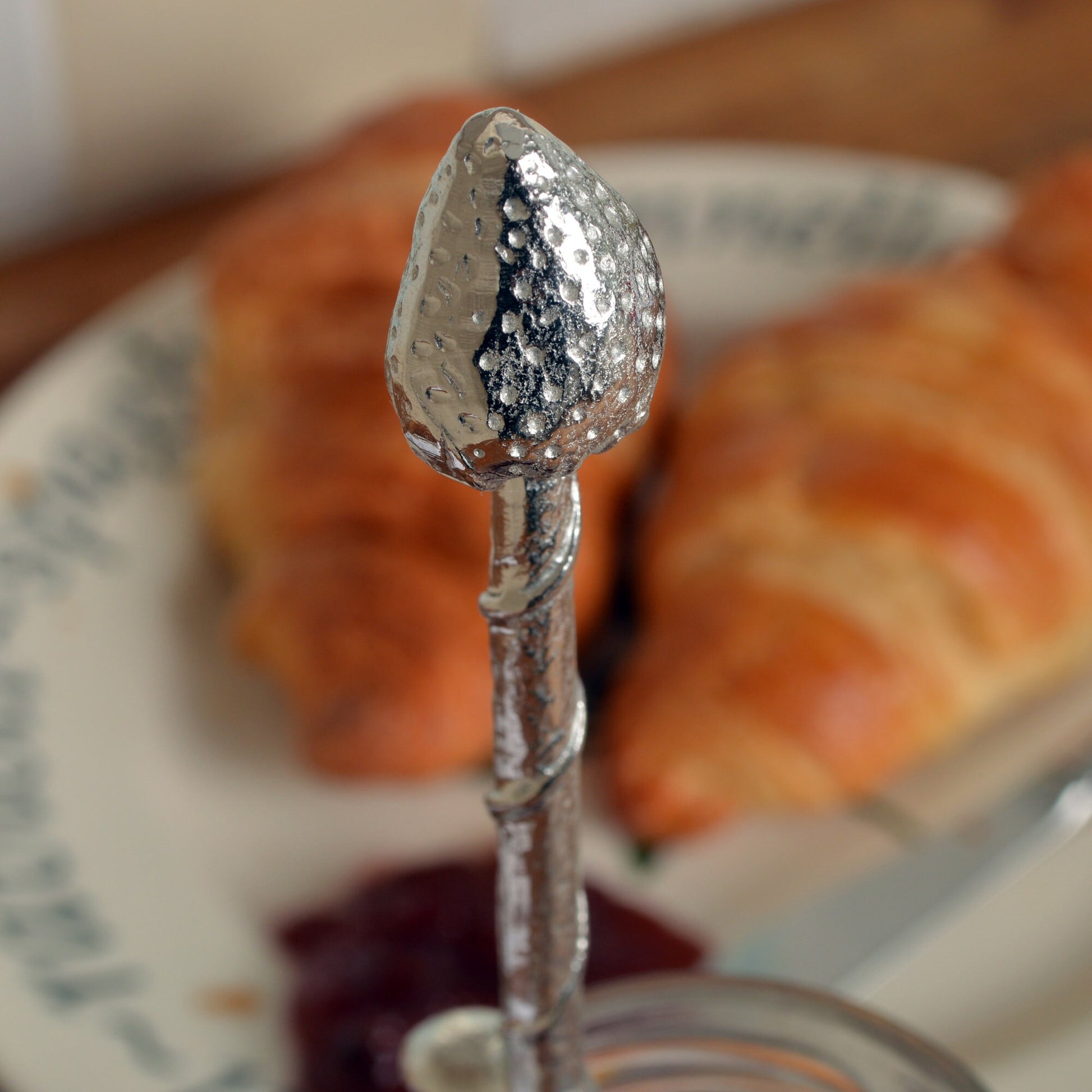 Strawberry jam jar spoon. A long handled pewter spoon with a hook to hang from any jar with a strawberry on the top. Useful, practical gifts to use every day. Strawberry gifts, gifts for strawberry lovers, UK handmade