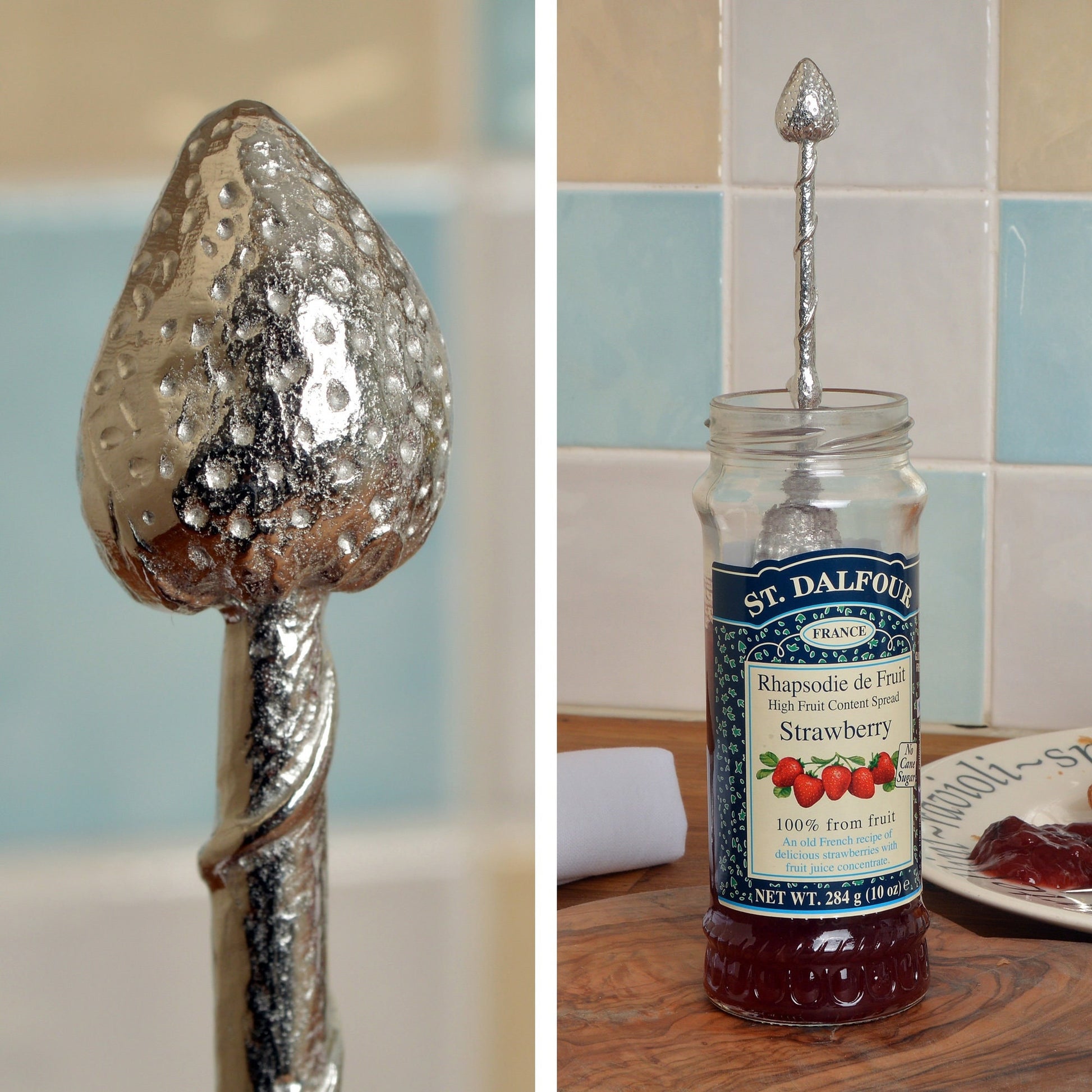 Strawberry jam jar spoon. A long handled pewter spoon with a hook to hang from any jar with a strawberry on the top. Useful, practical gifts to use every day. Strawberry gifts, gifts for strawberry lovers, UK handmade