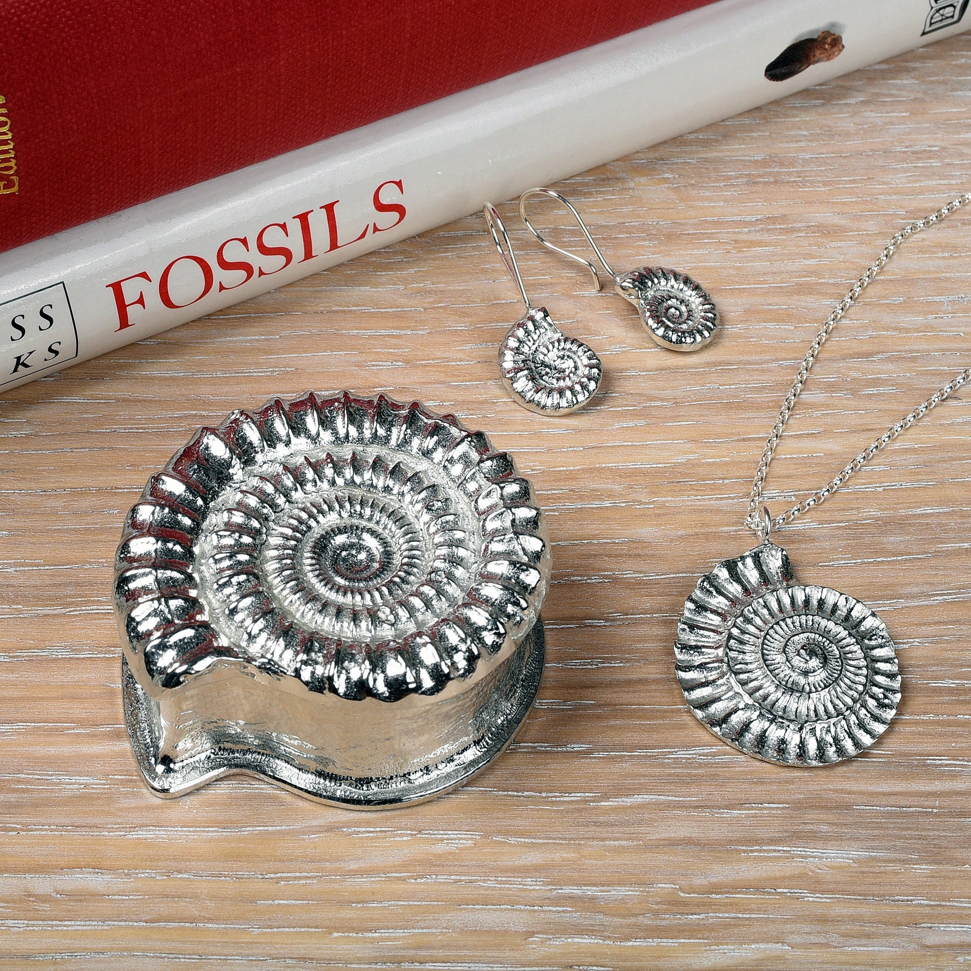 Ammonite pewter trinket box. A small fossil shaped keepsake box in the shape of an ammonite fossil. We used a real ammonite found in Dorset to capture the true texture and feel of a real fossil. Geology gifts made in Britain.