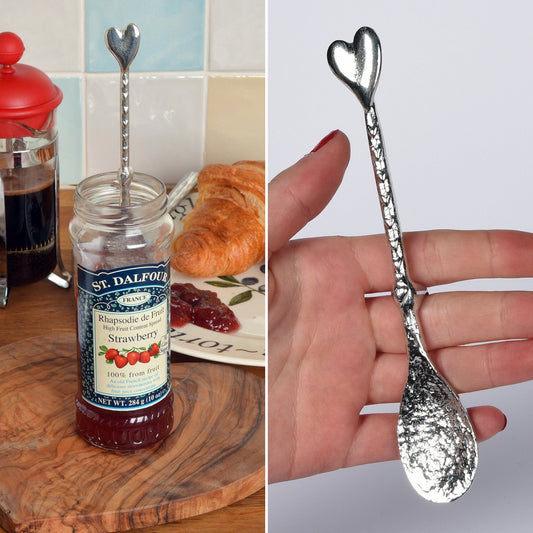 Heart pewter love spoon, a long spoon with a hook for jam jars. An ideal small wedding gift & the perfect 10th (Tin) ten year wedding anniversary gift (Our pewter is 95% tin). Love spoons, love heart spoons handmade in the UK.