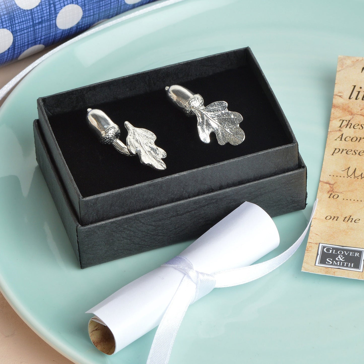 A pair of pewter acorns linked to  oak leaves via twig stems make a practical and beautiful cufflinks. 'Great oaks from little acorns grow'. Christening gifts for boys for use in later life. With certificate from giver.