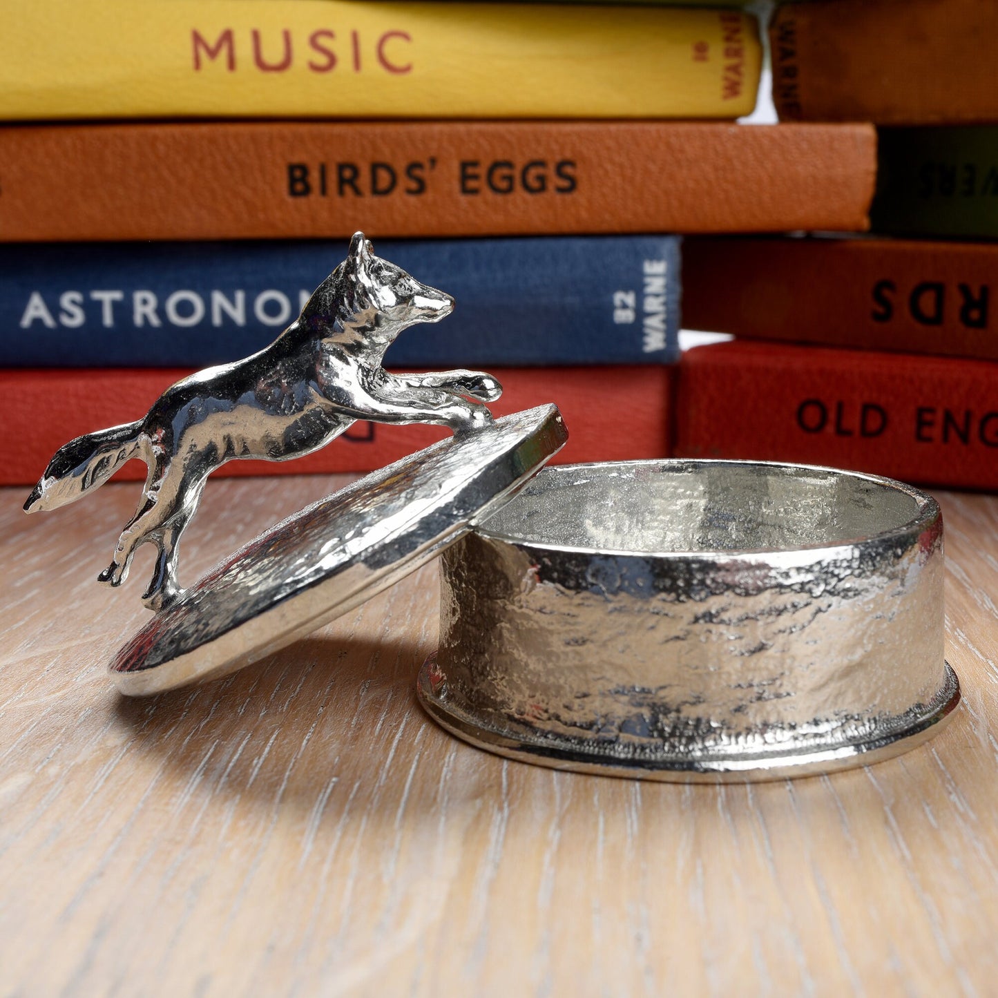 Fox pewter personalised trinket box. Our round keepsake box features a fox sculpture as a handle. The underside of the lid can be engraved with your personalised message. A perfect 10th (Tin) ten year wedding anniversary gift (Our pewter is 95% tin).